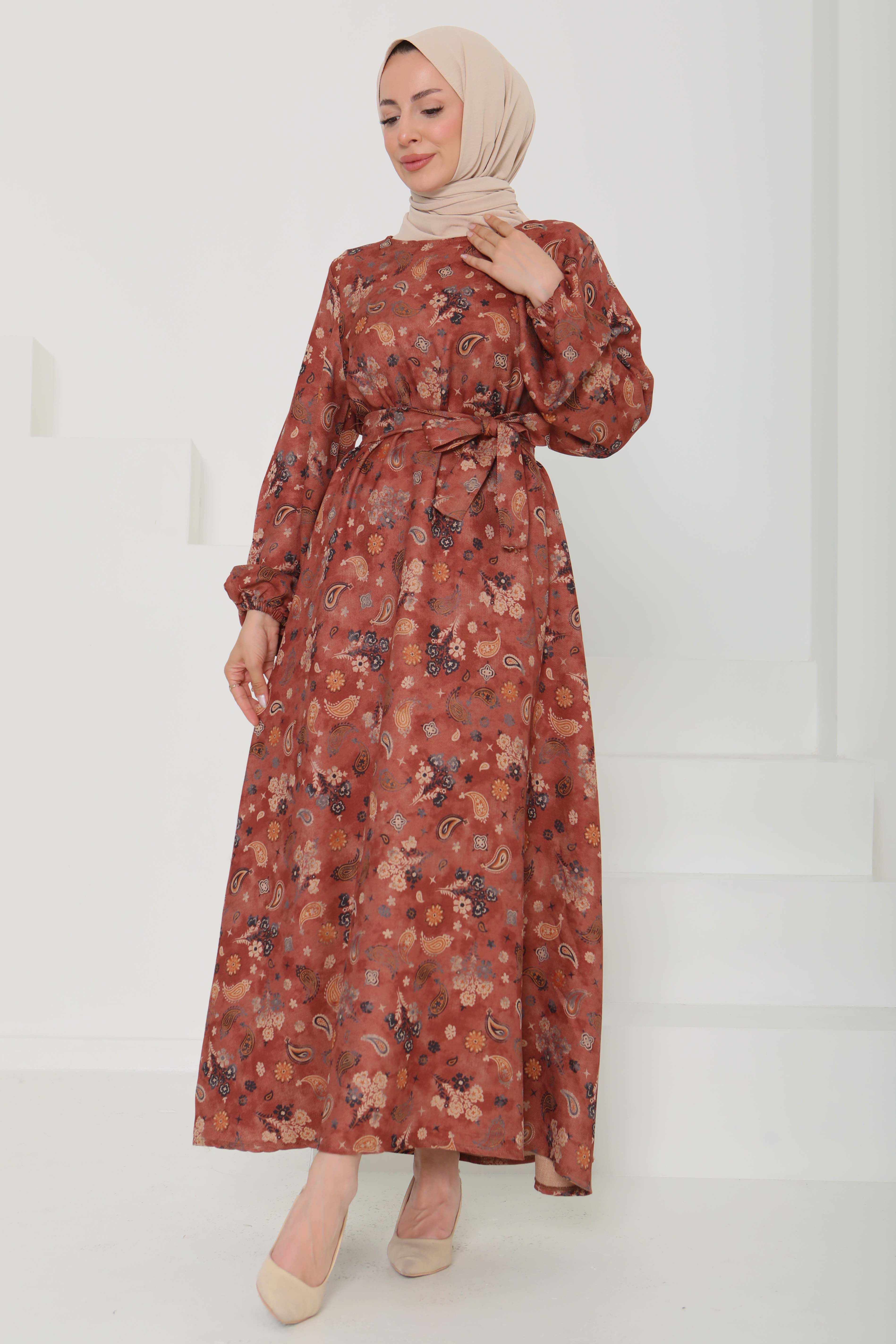 Desenli Kuşaklı Elbise - 27101 - 4