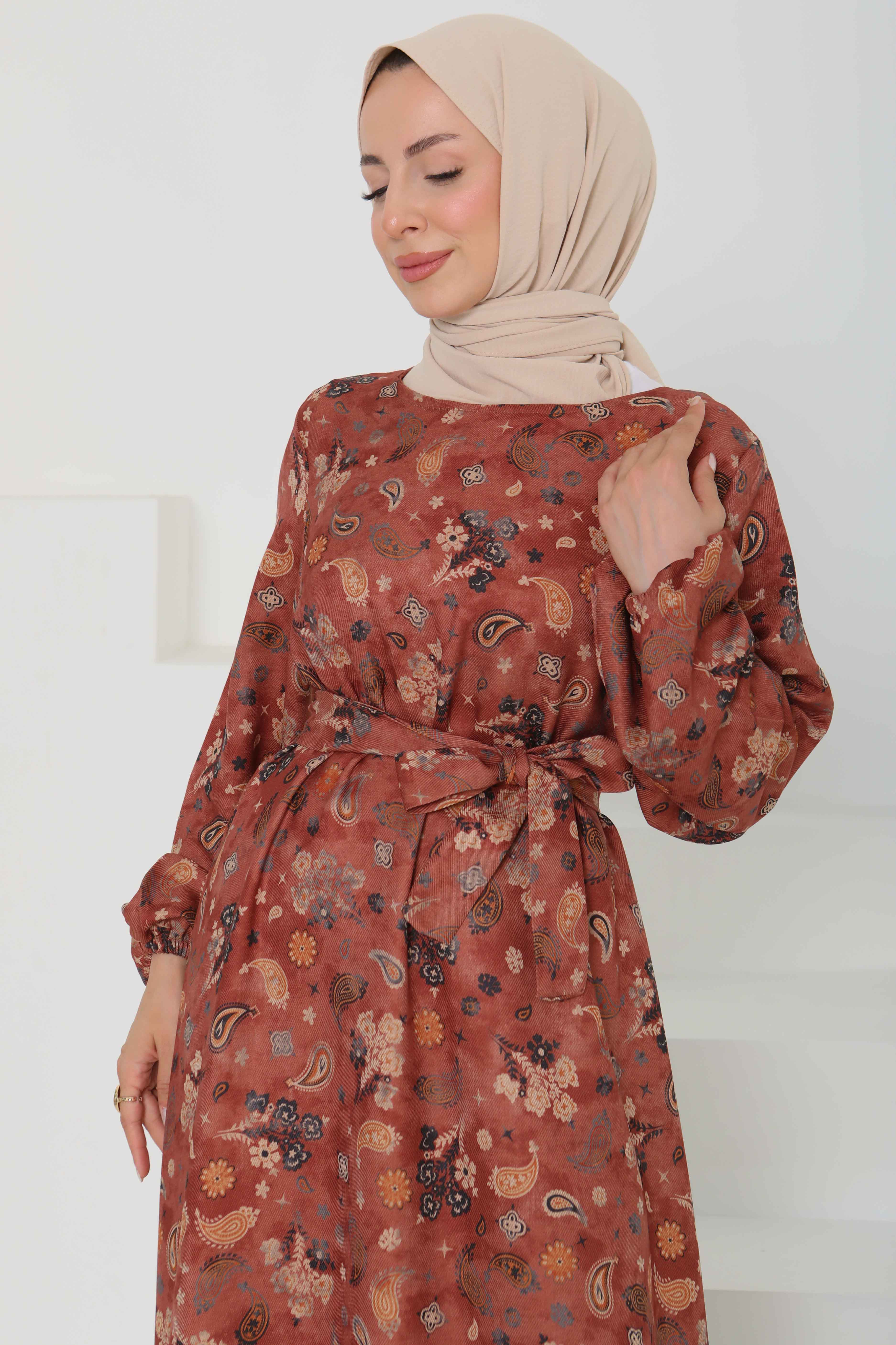 Desenli Kuşaklı Elbise - 27101 - 5