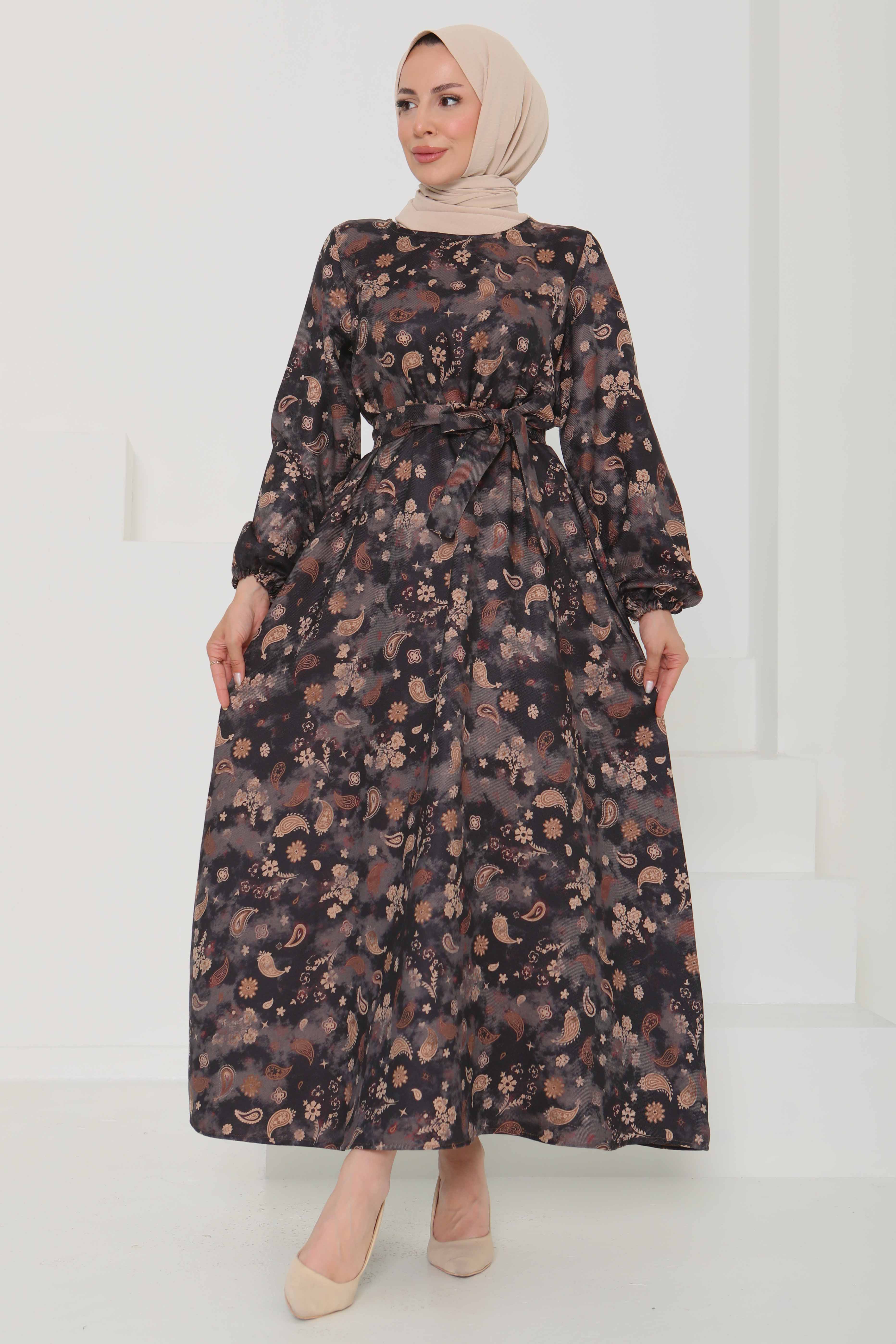 Desenli Kuşaklı Elbise - 27101 - 3
