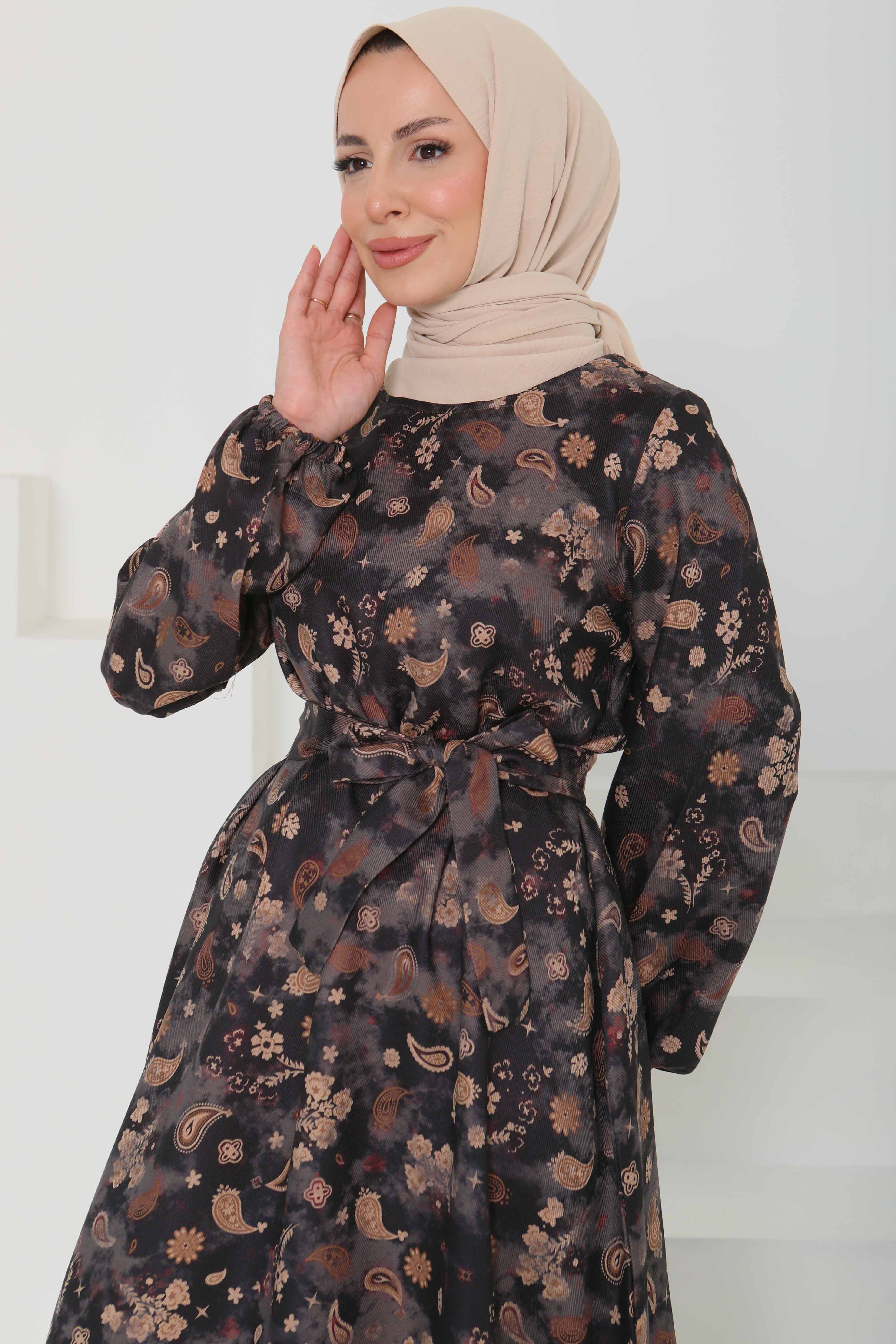 Desenli Kuşaklı Elbise - 27101 - 8