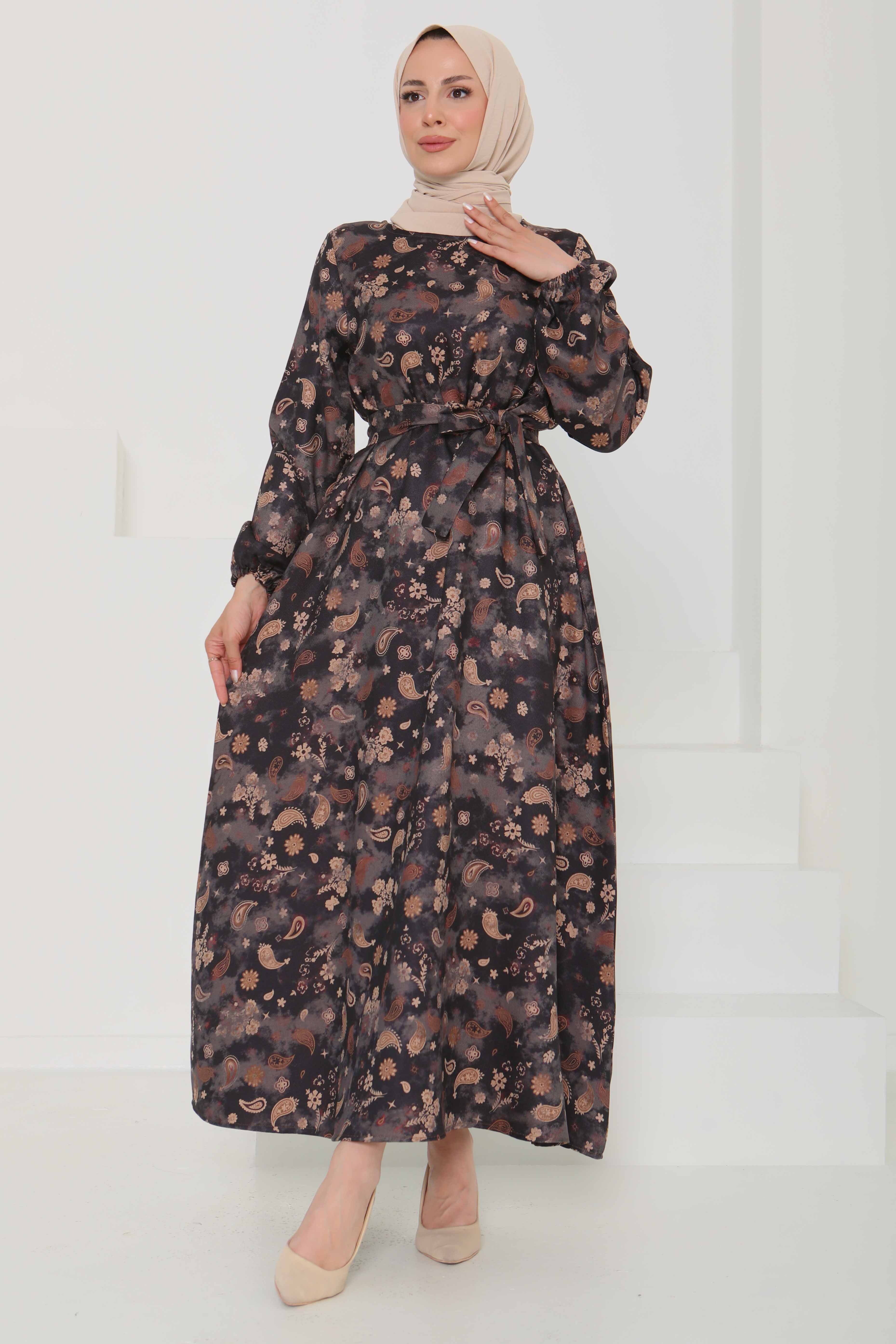 Desenli Kuşaklı Elbise - 27101 - 4