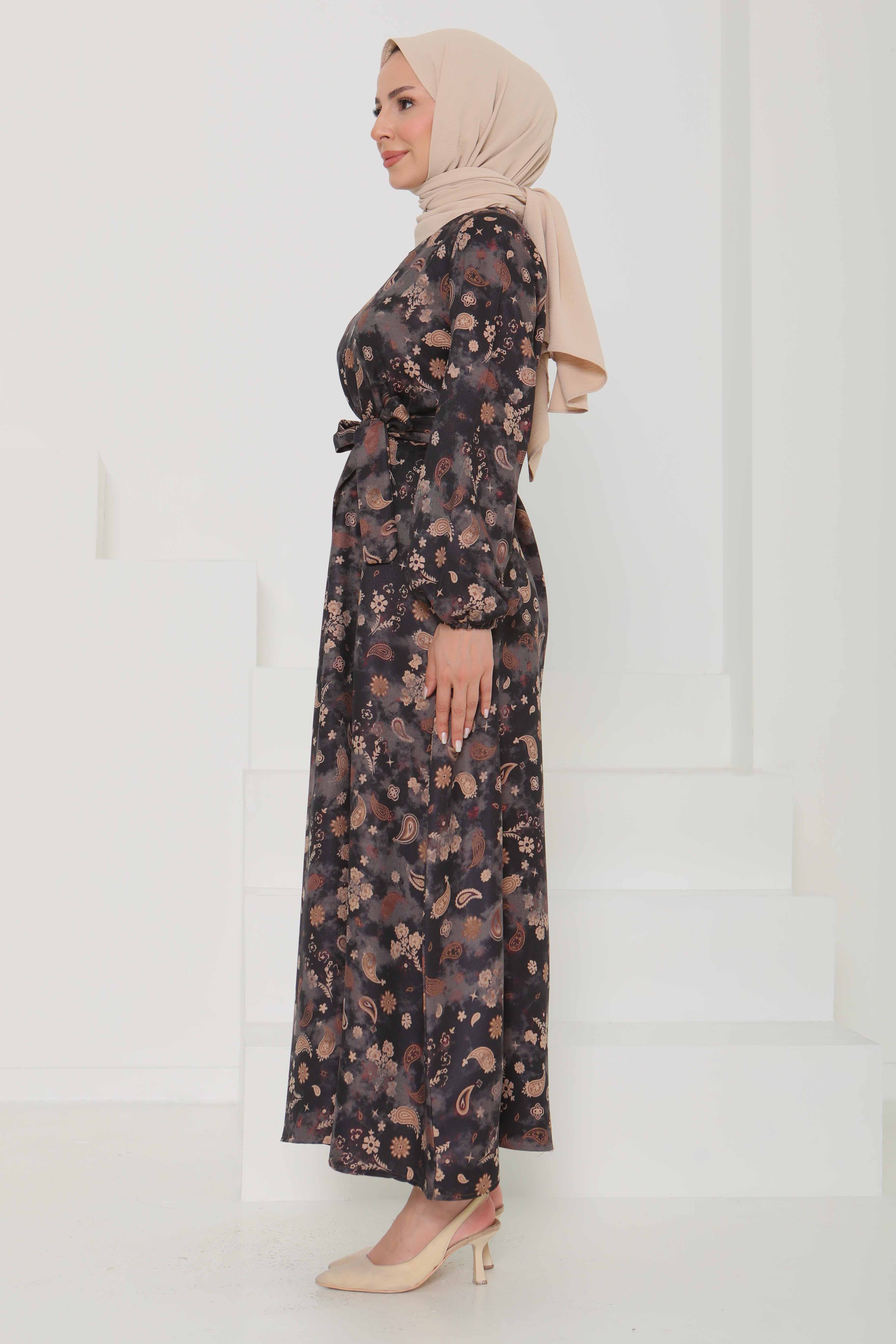 Desenli Kuşaklı Elbise - 27101 - 6