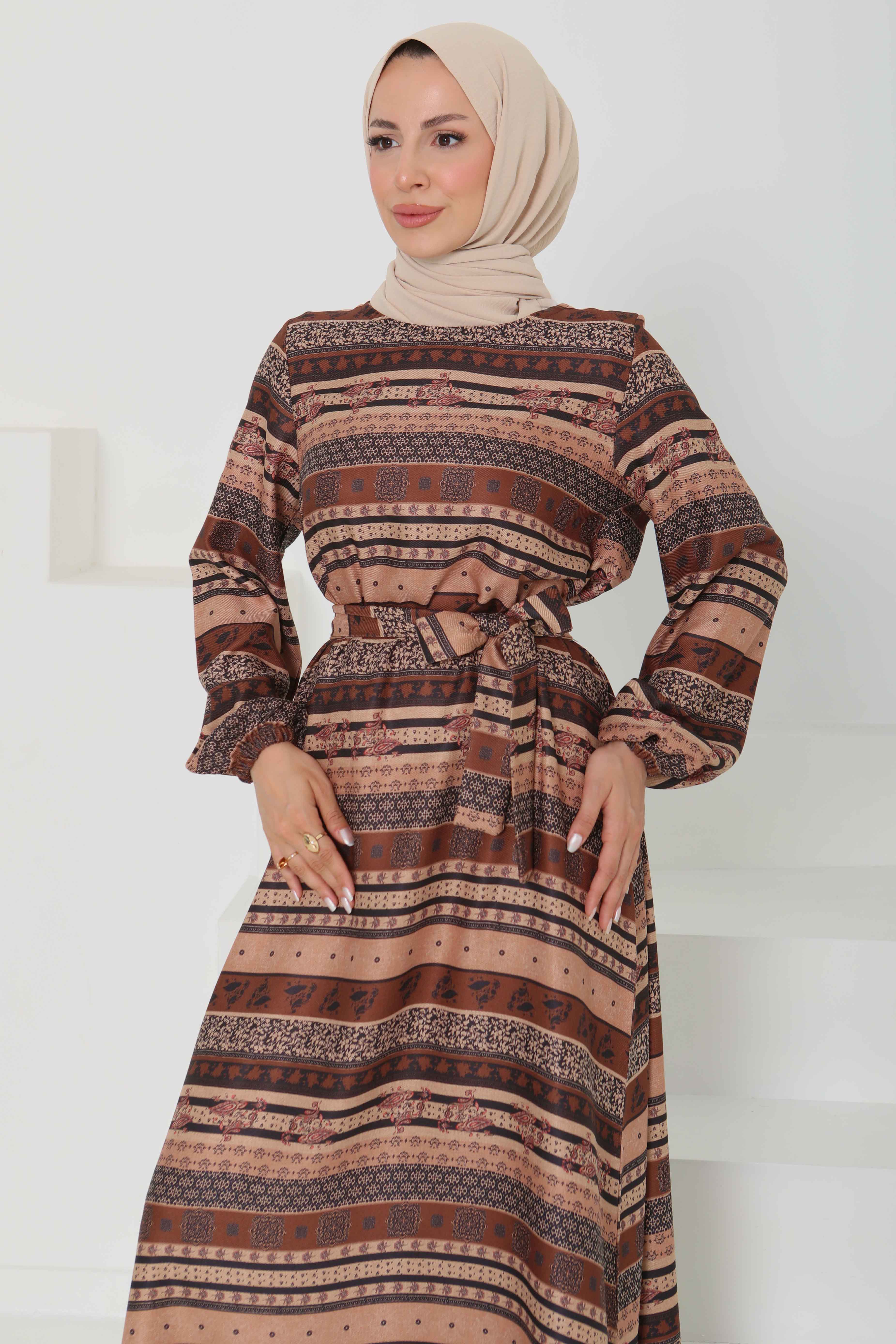 Desenli Kuşaklı Elbise - 27106 - 3