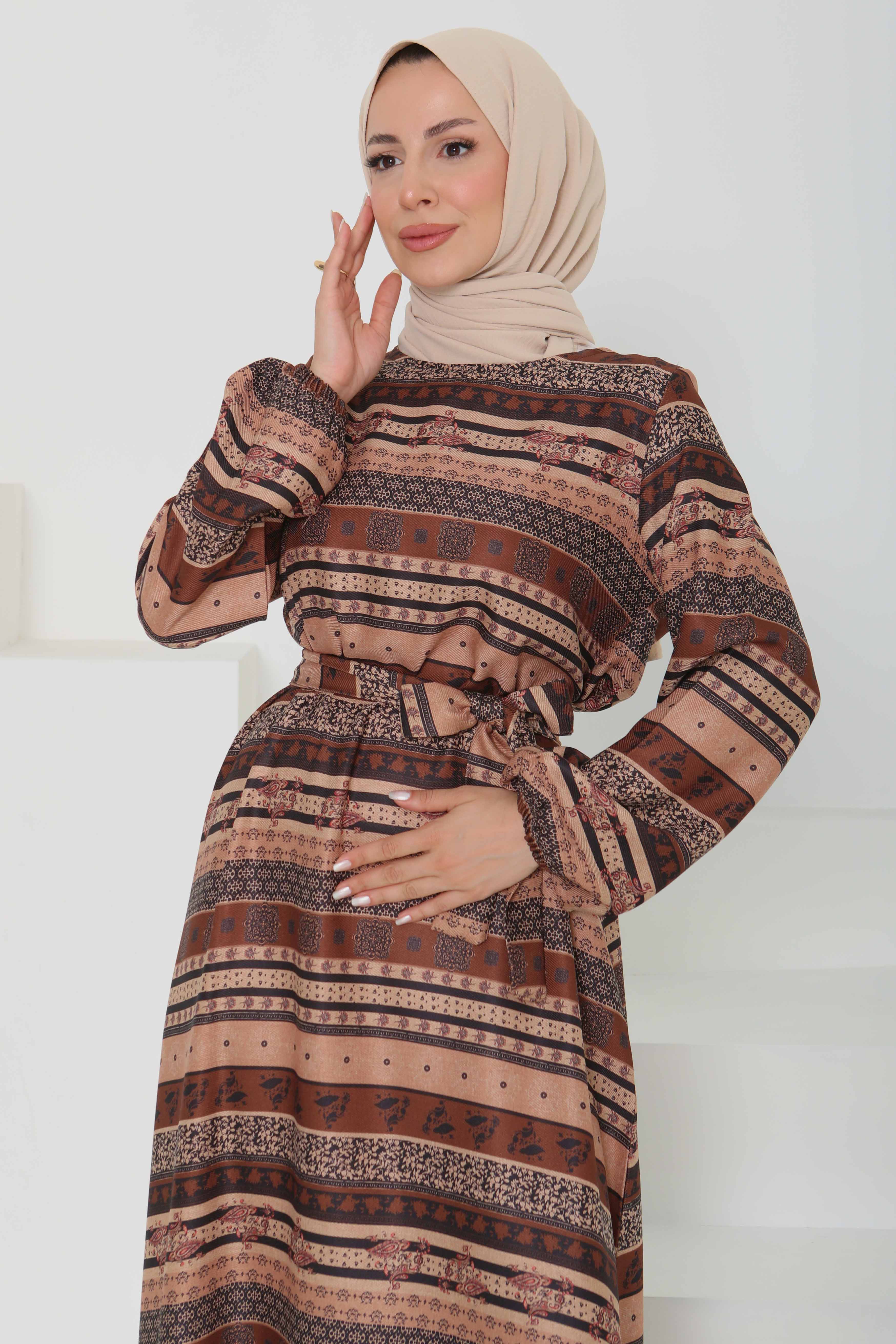 Desenli Kuşaklı Elbise - 27106 - 6