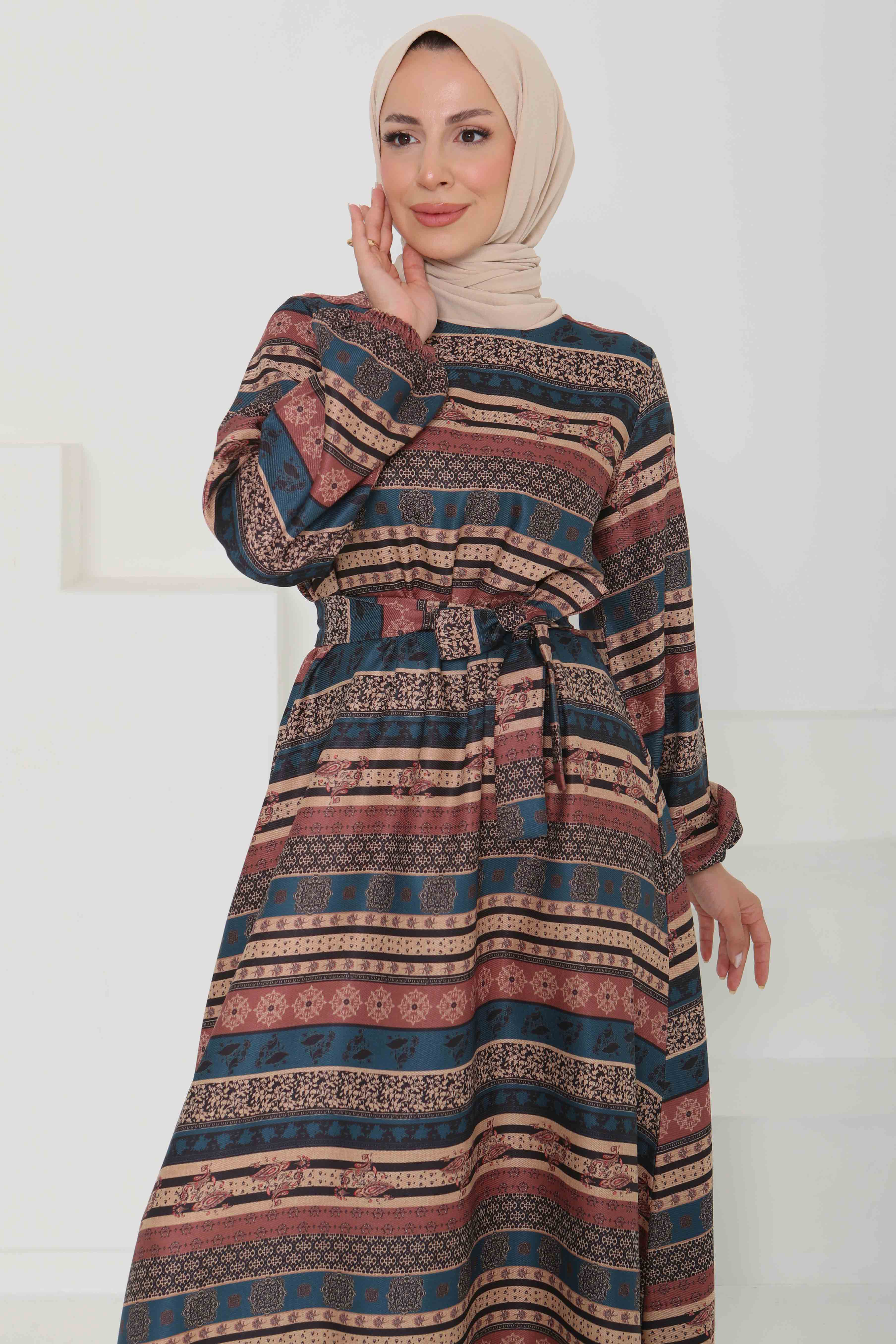 Desenli Kuşaklı Elbise - 27106 - 5