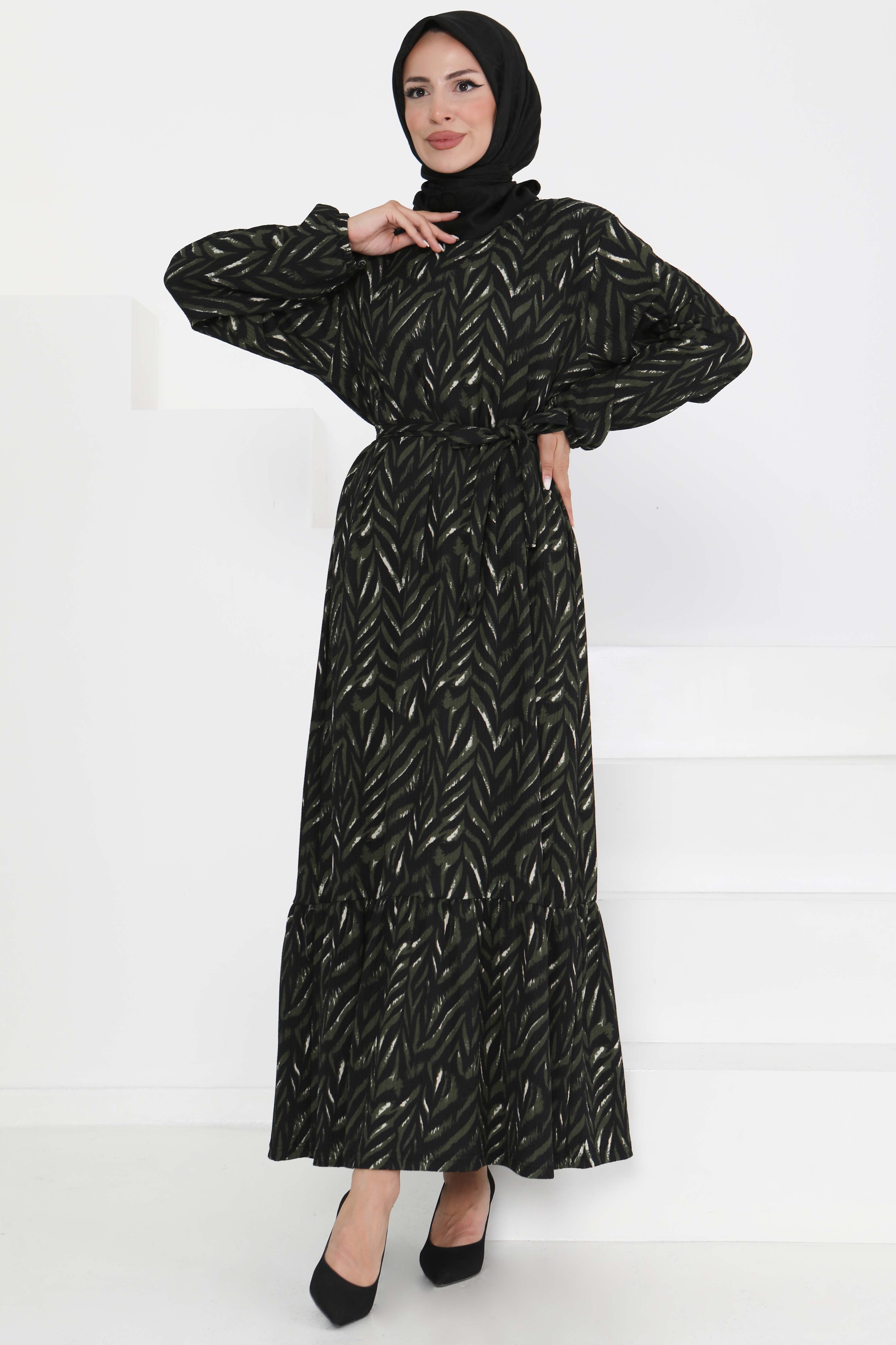 Desenli Kuşaklı Elbise - 27363 - 1