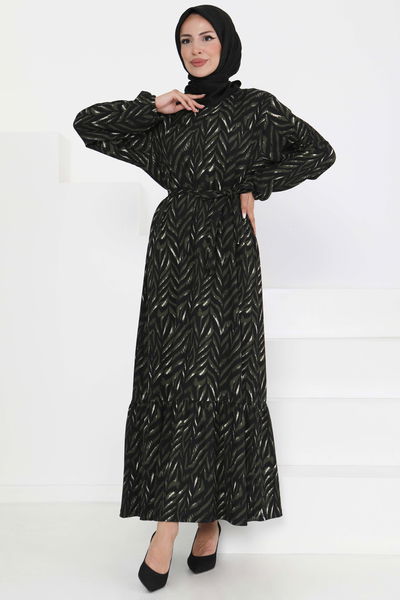 Desenli Kuşaklı Elbise - 27363 