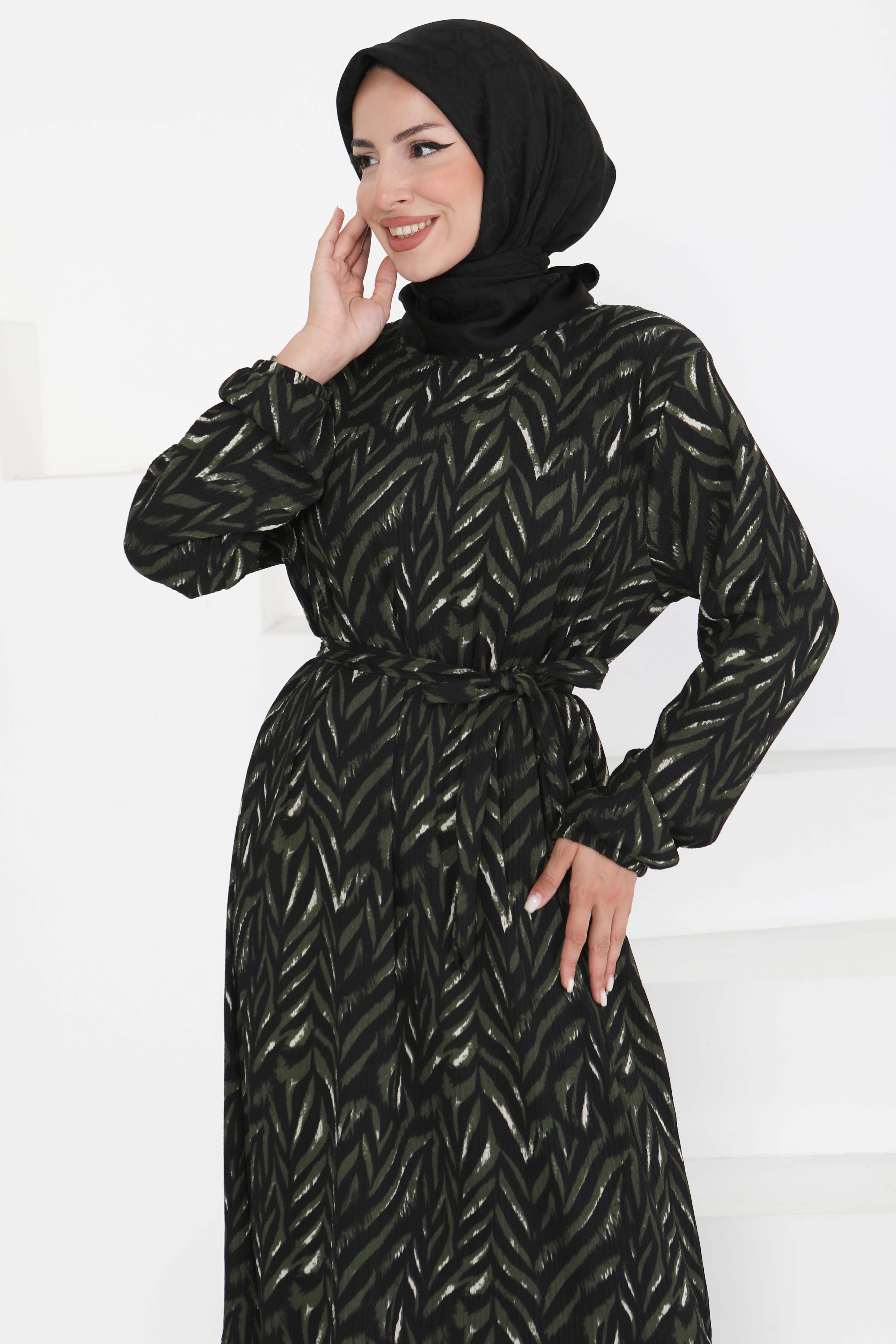 Desenli Kuşaklı Elbise - 27363 - 2