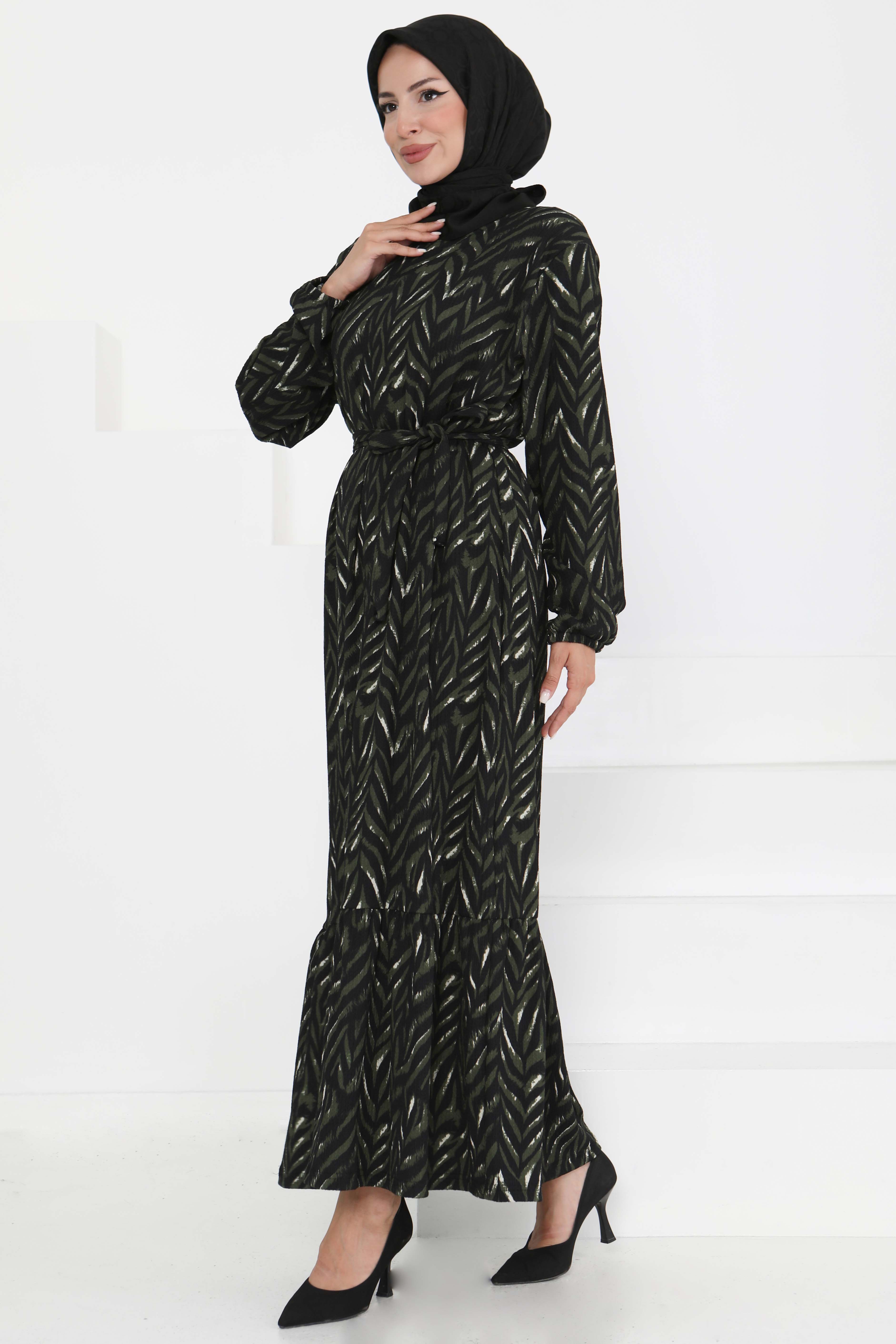 Desenli Kuşaklı Elbise - 27363 - 3