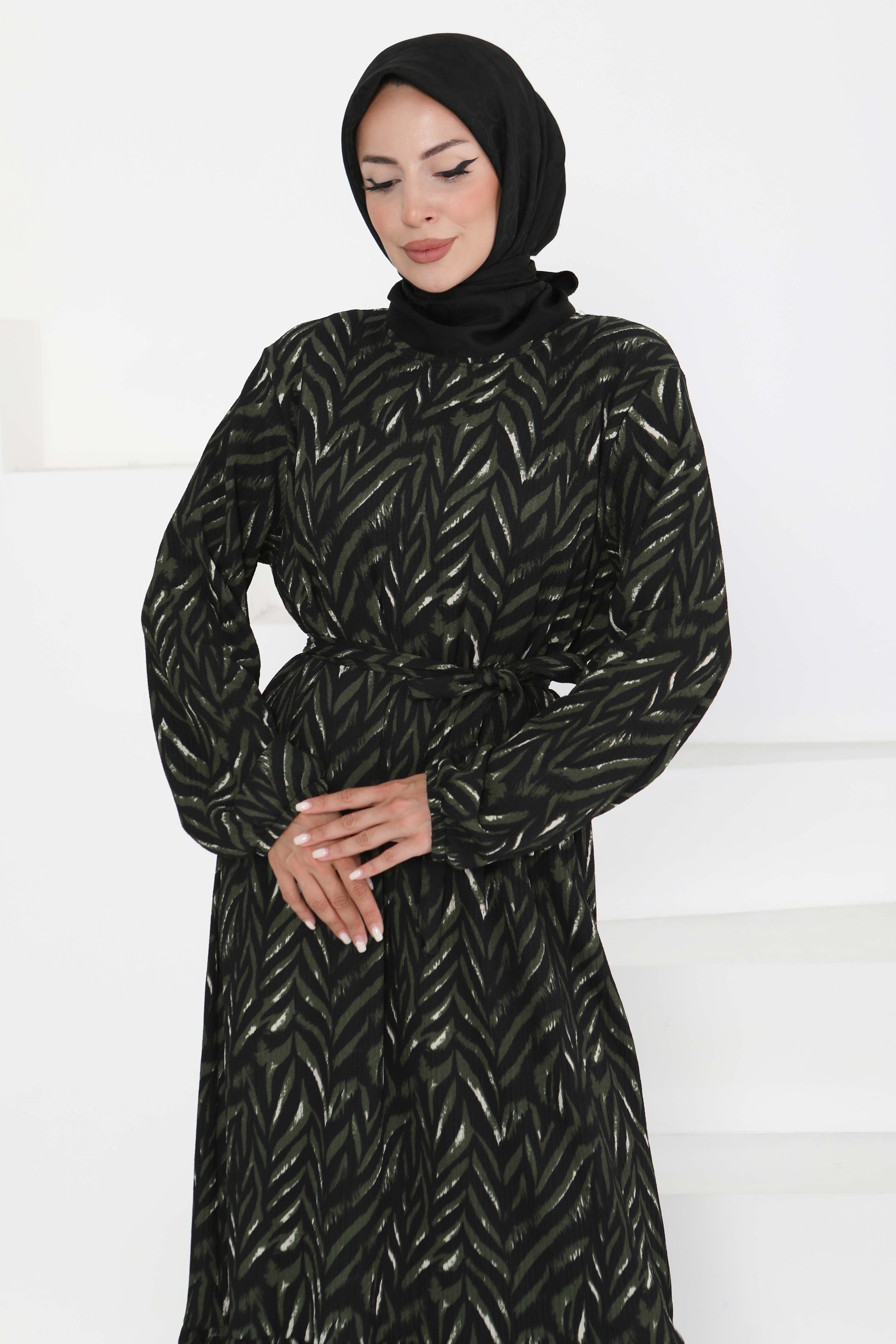 Desenli Kuşaklı Elbise - 27363 - 4