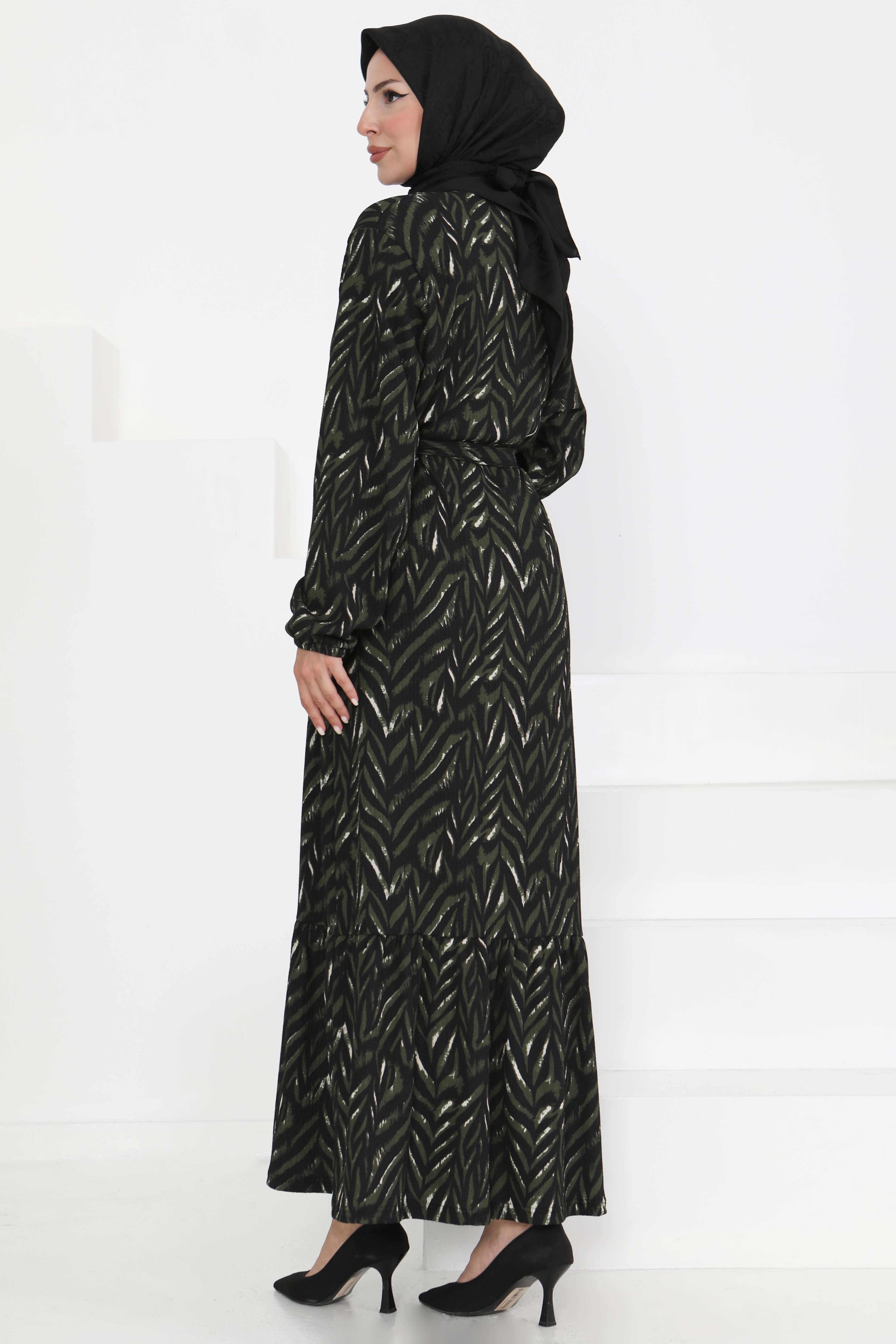 Desenli Kuşaklı Elbise - 27363 - 5