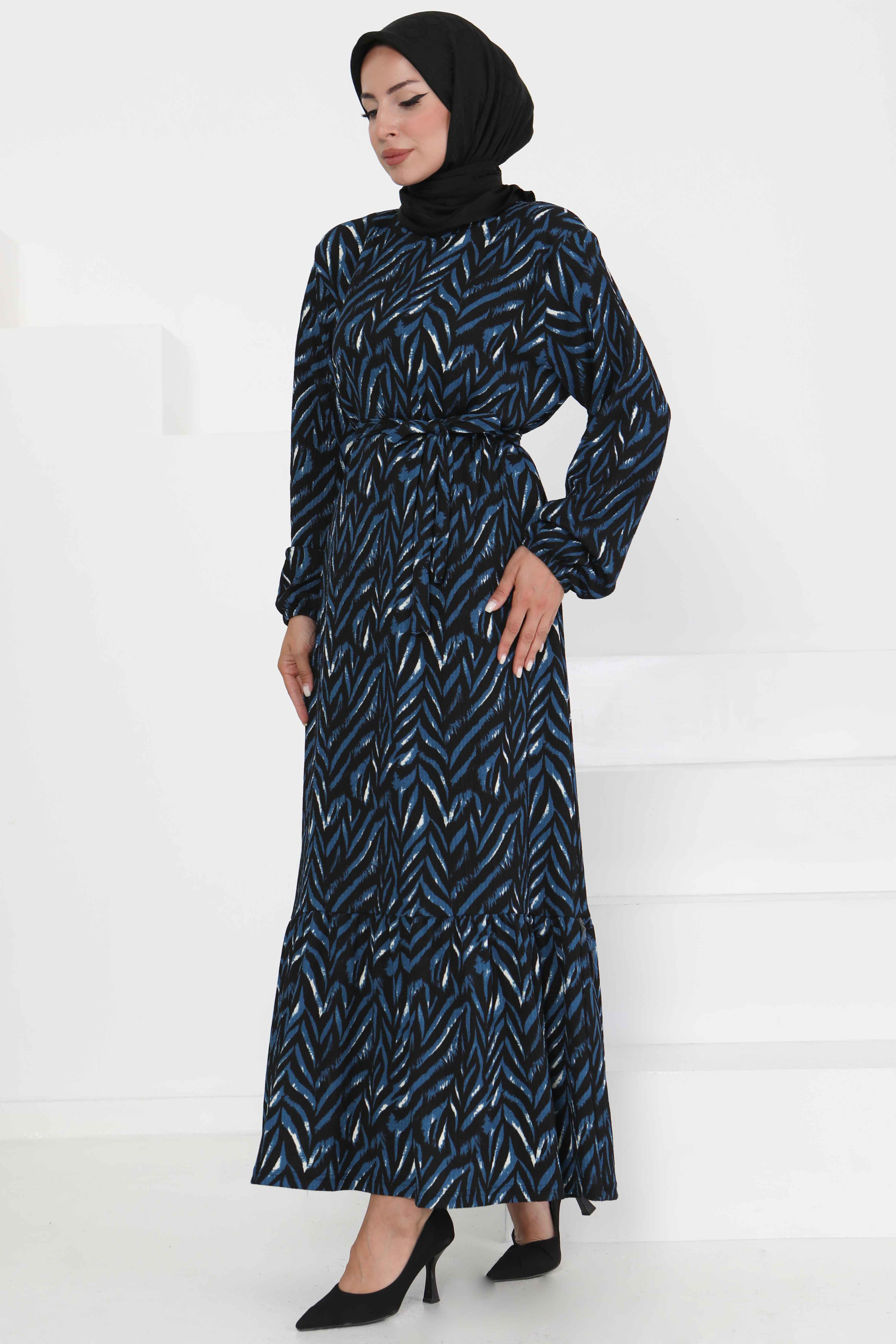 Desenli Kuşaklı Elbise - 27363 - 2