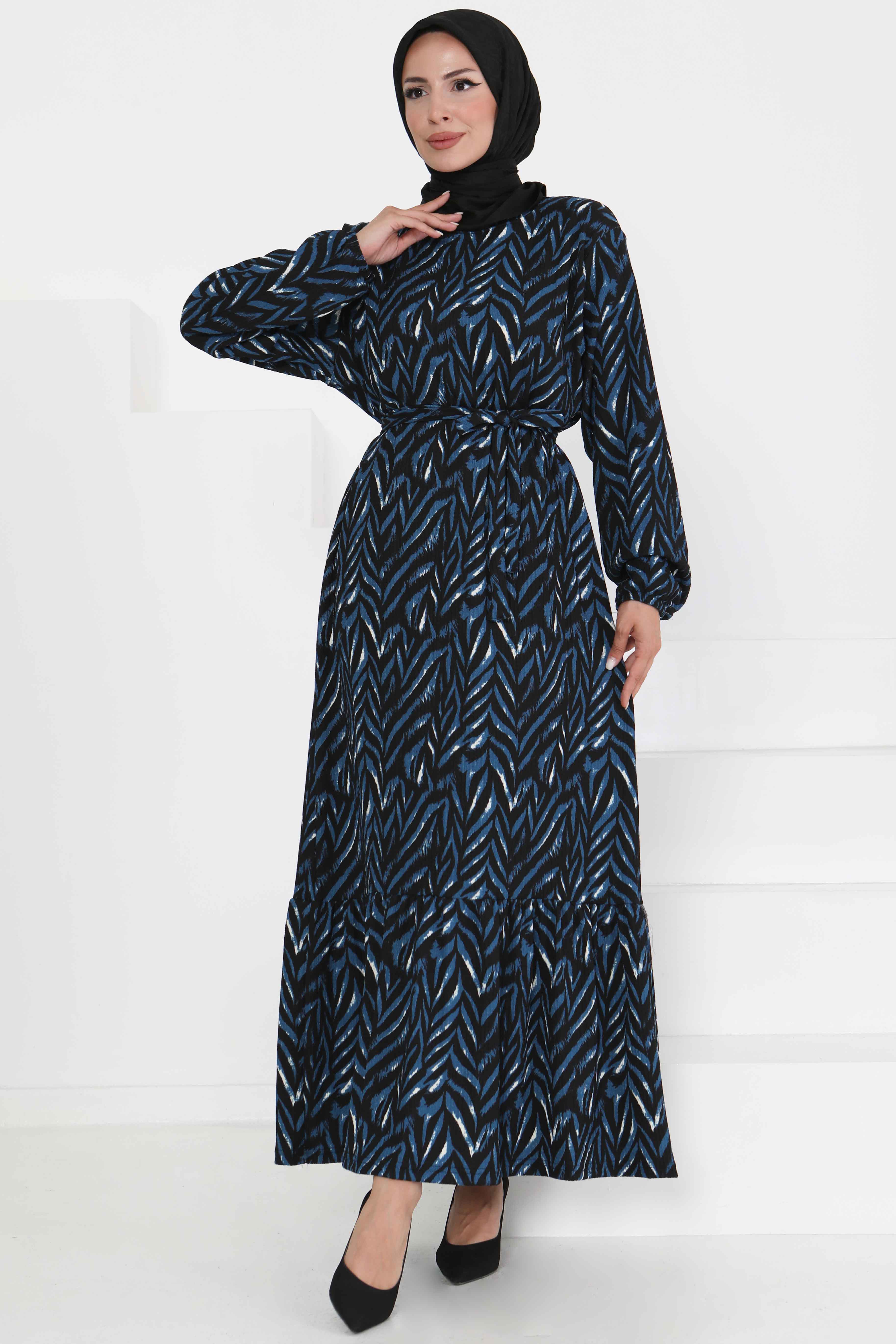 Desenli Kuşaklı Elbise - 27363 - 3