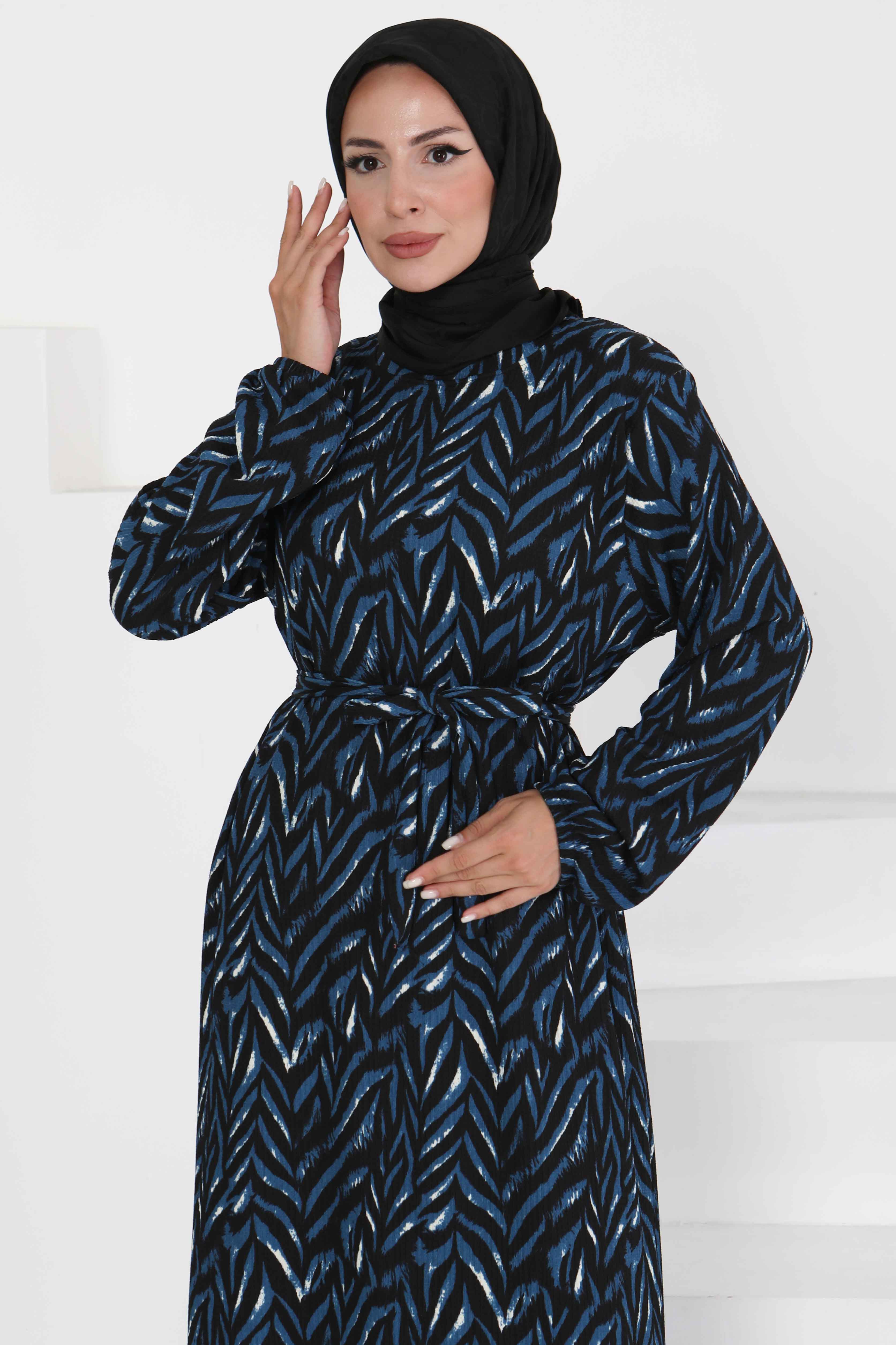 Desenli Kuşaklı Elbise - 27363 - 4