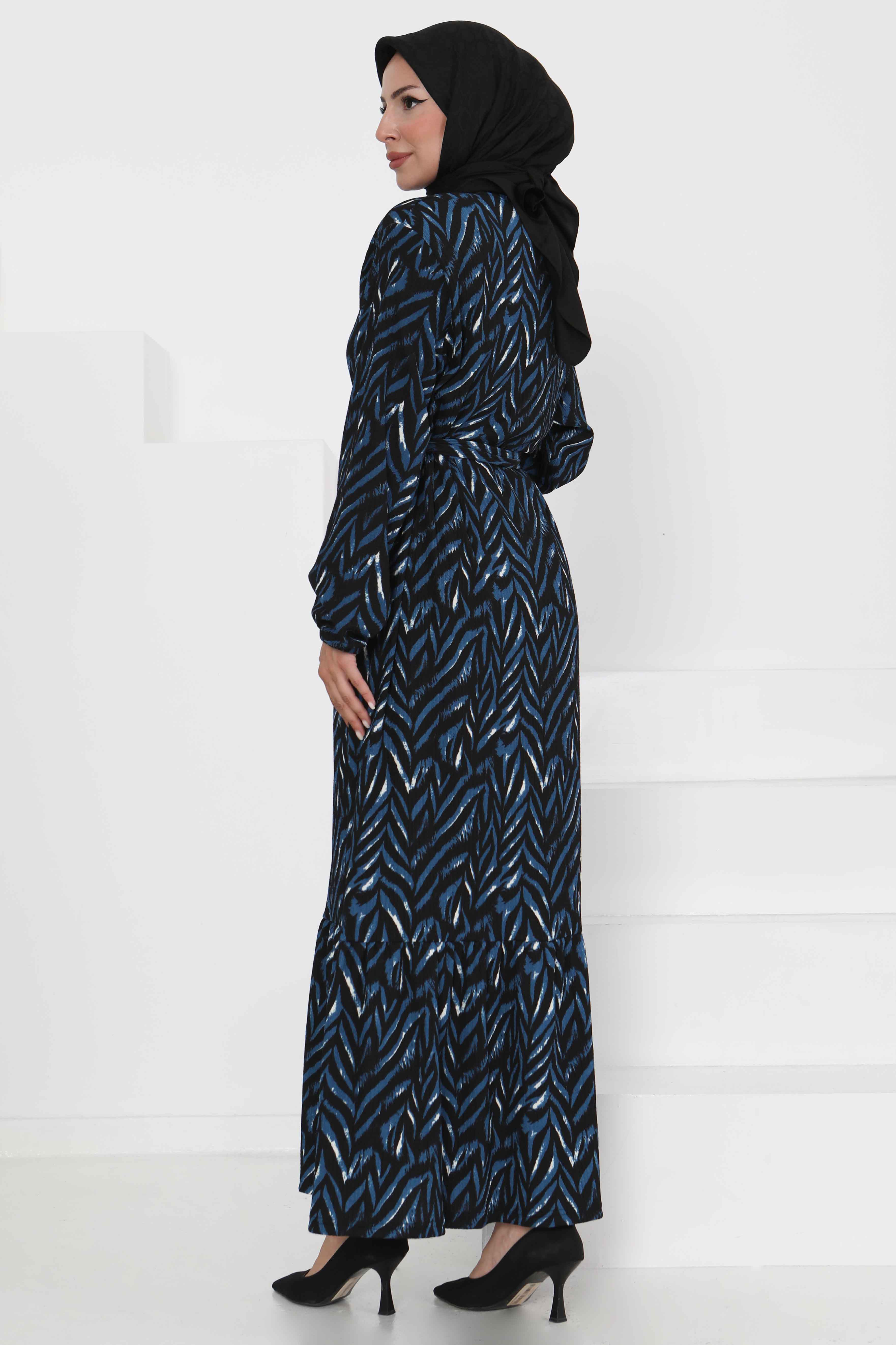 Desenli Kuşaklı Elbise - 27363 - 5