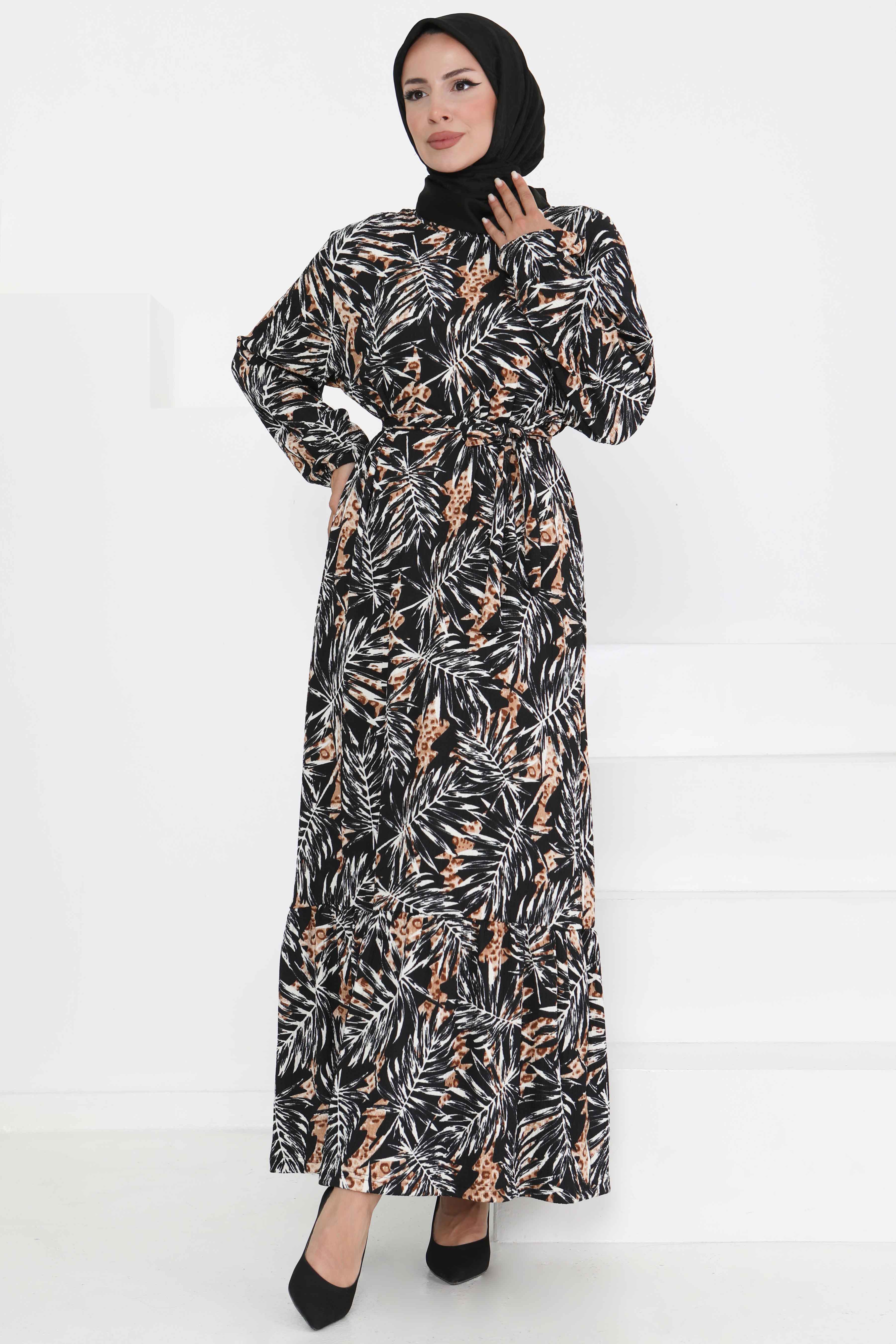 Desenli Kuşaklı Elbise - 27364 - 3