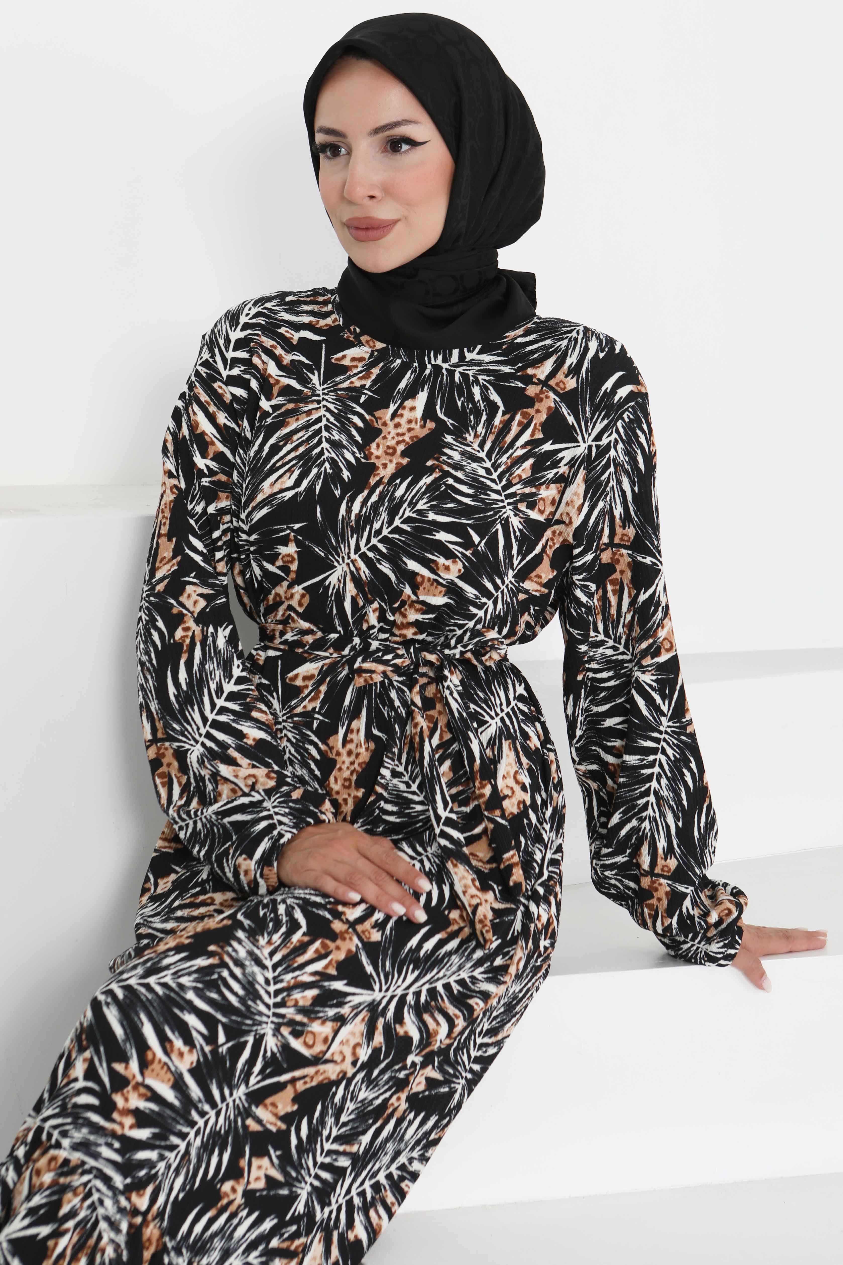 Desenli Kuşaklı Elbise - 27364 - 4