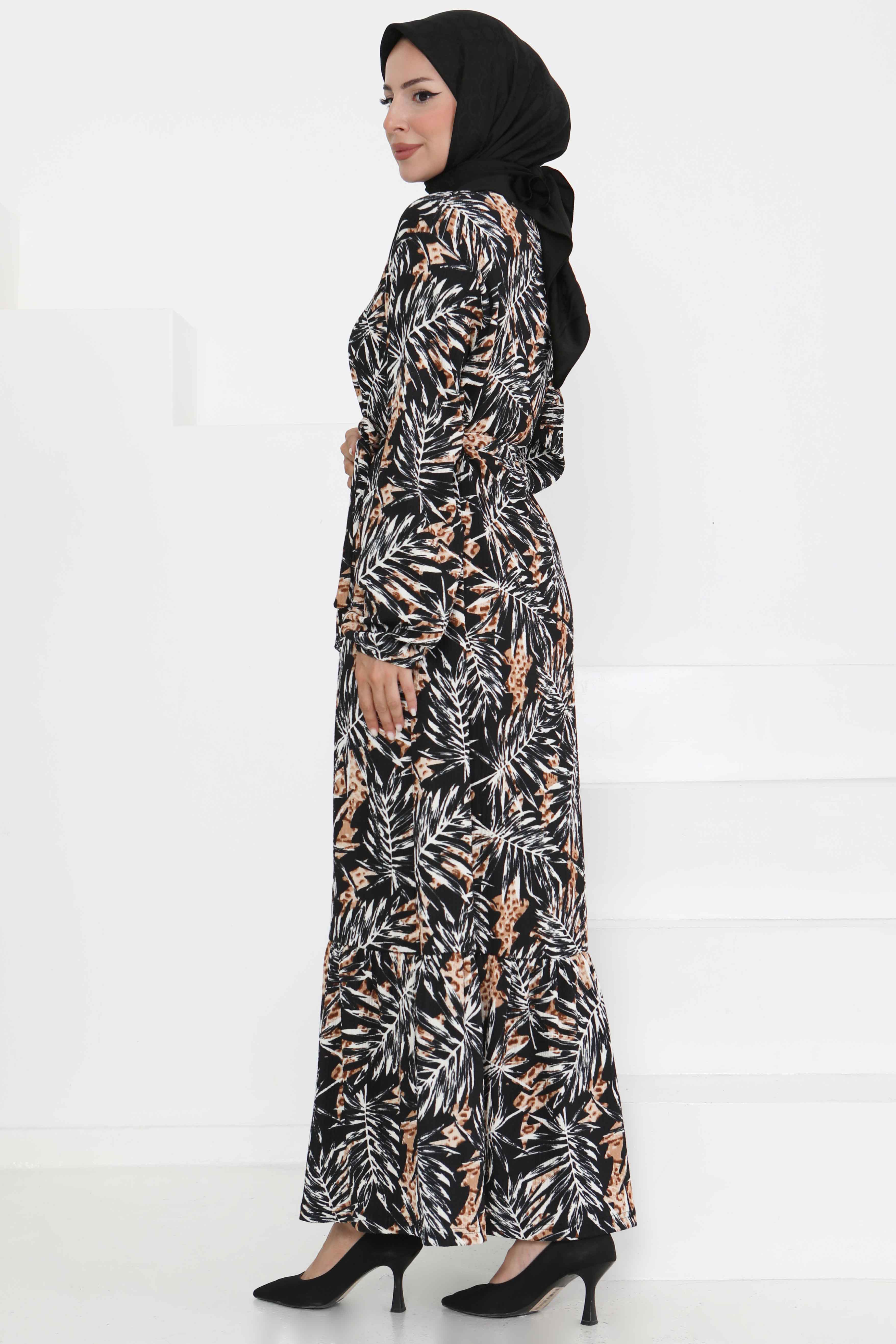 Desenli Kuşaklı Elbise - 27364 - 5