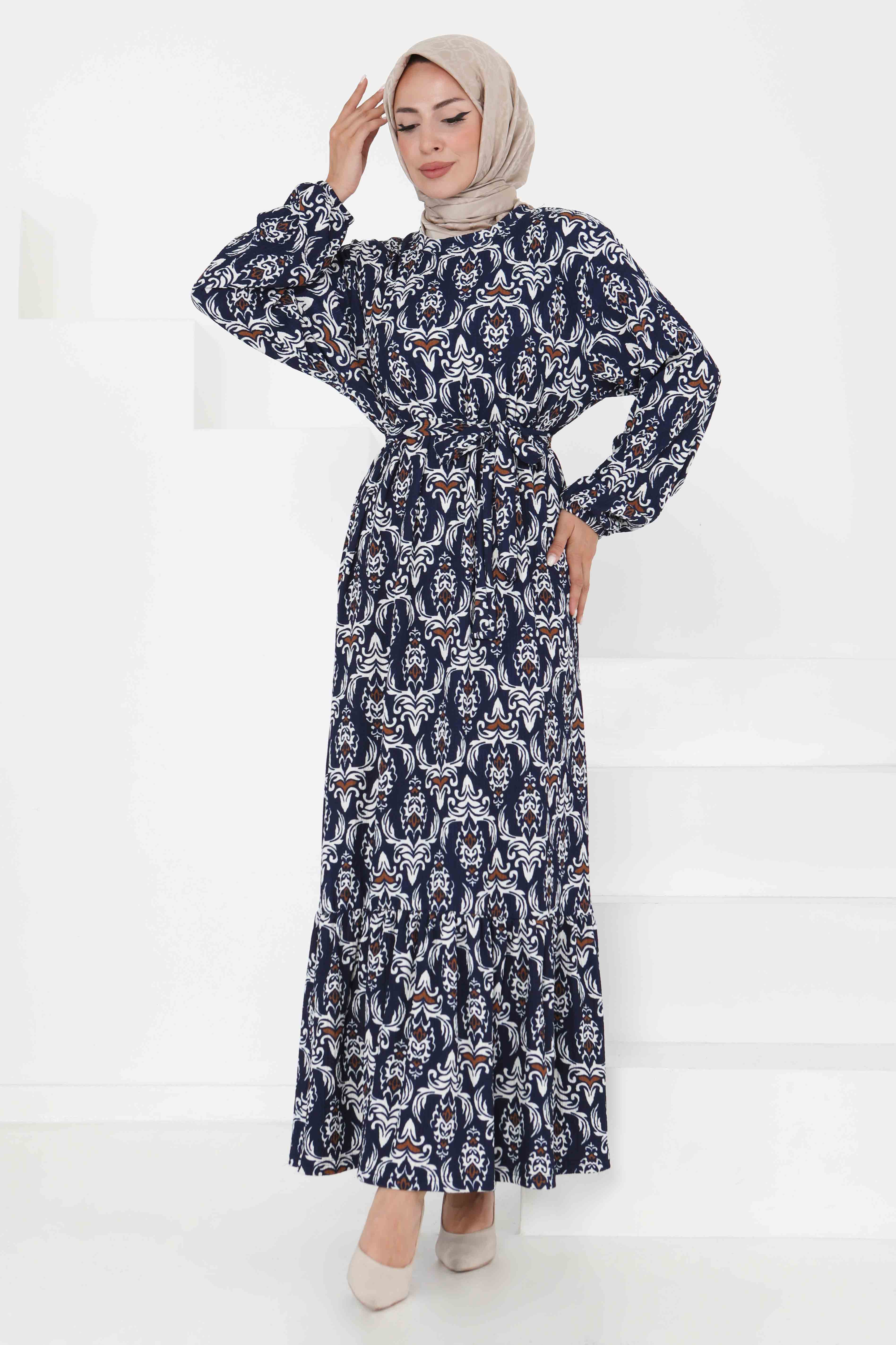 Desenli Kuşaklı Elbise - 27365 - 1