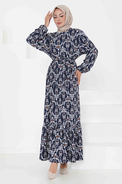 Desenli Kuşaklı Elbise - 27365 