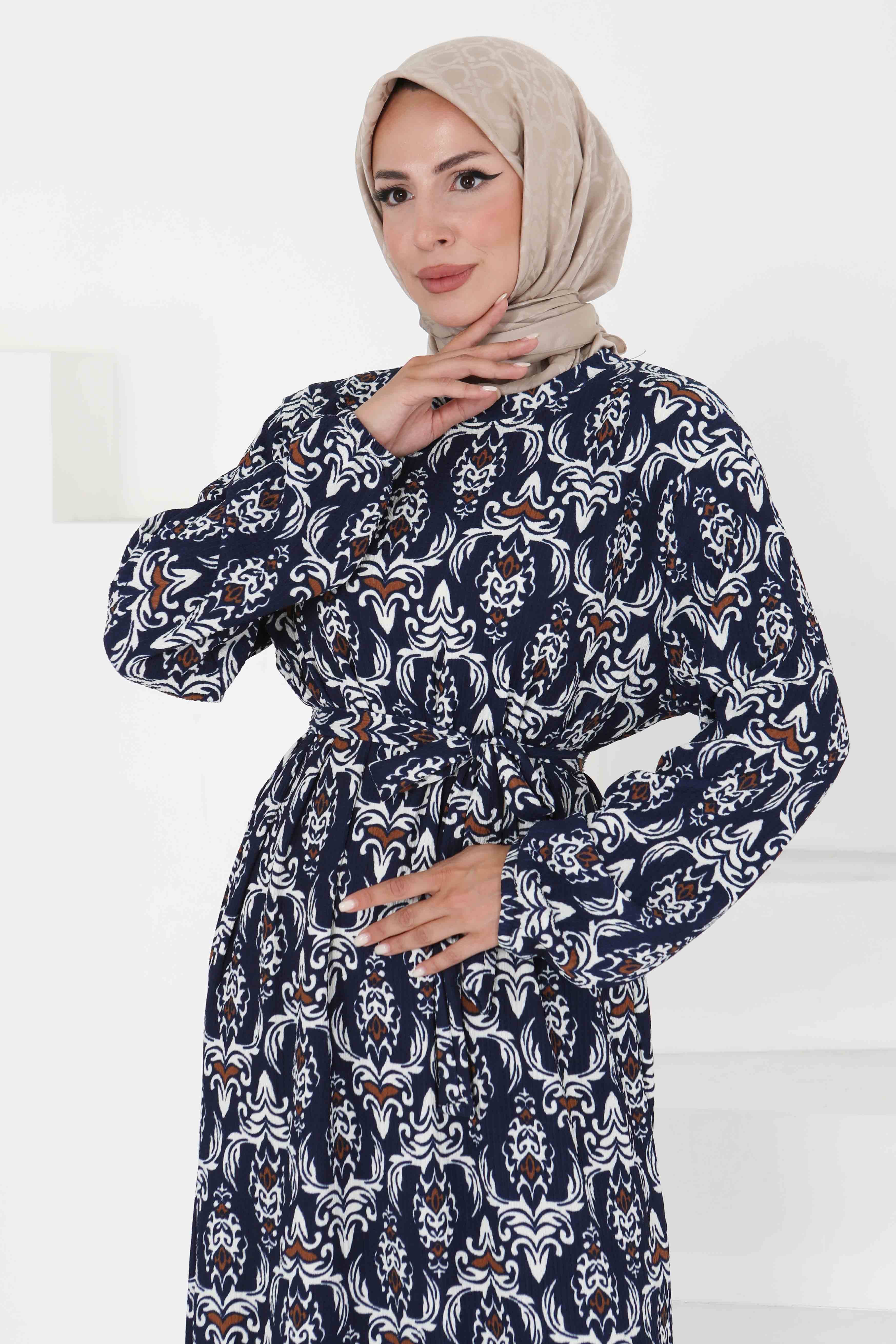 Desenli Kuşaklı Elbise - 27365 - 2