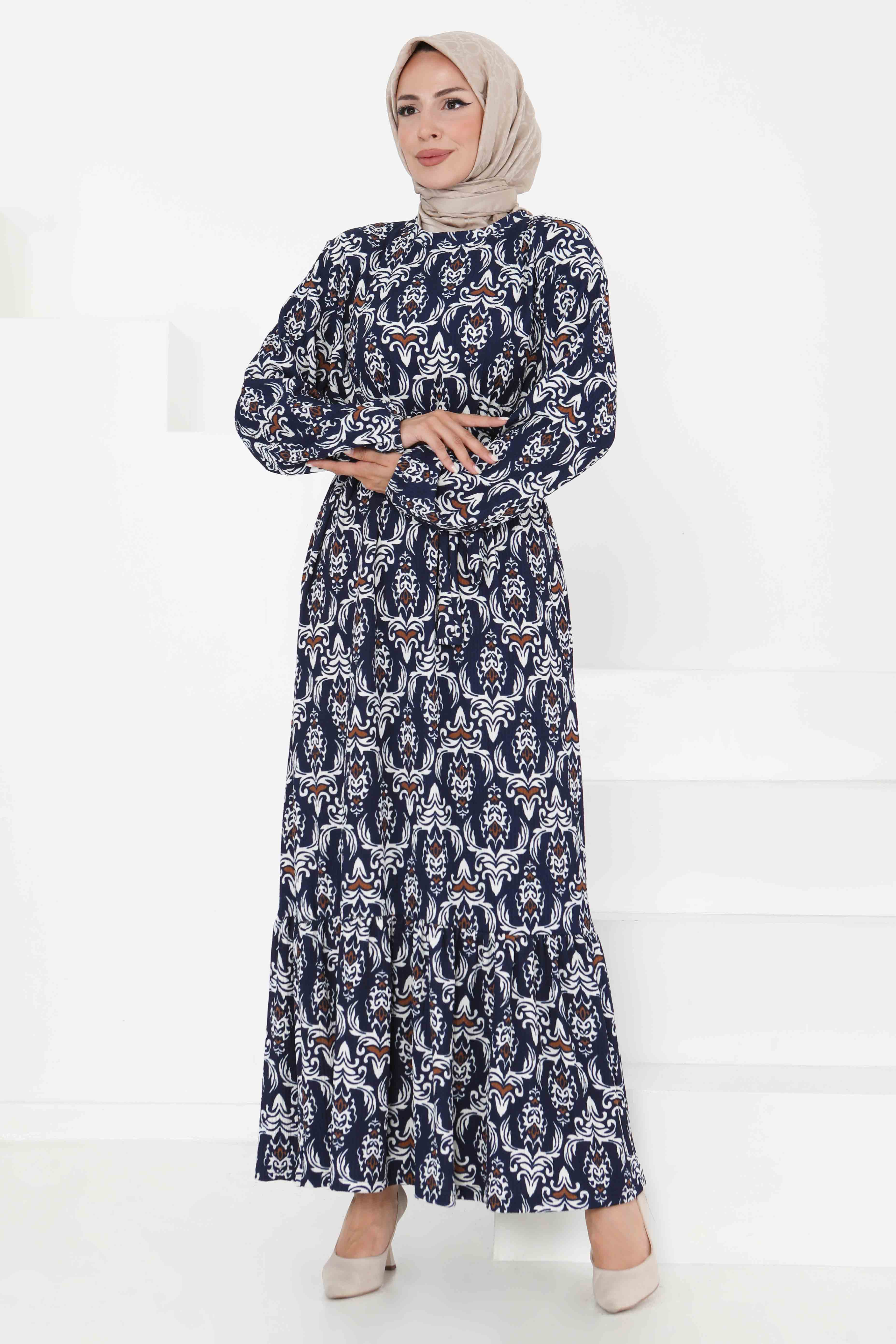 Desenli Kuşaklı Elbise - 27365 - 3