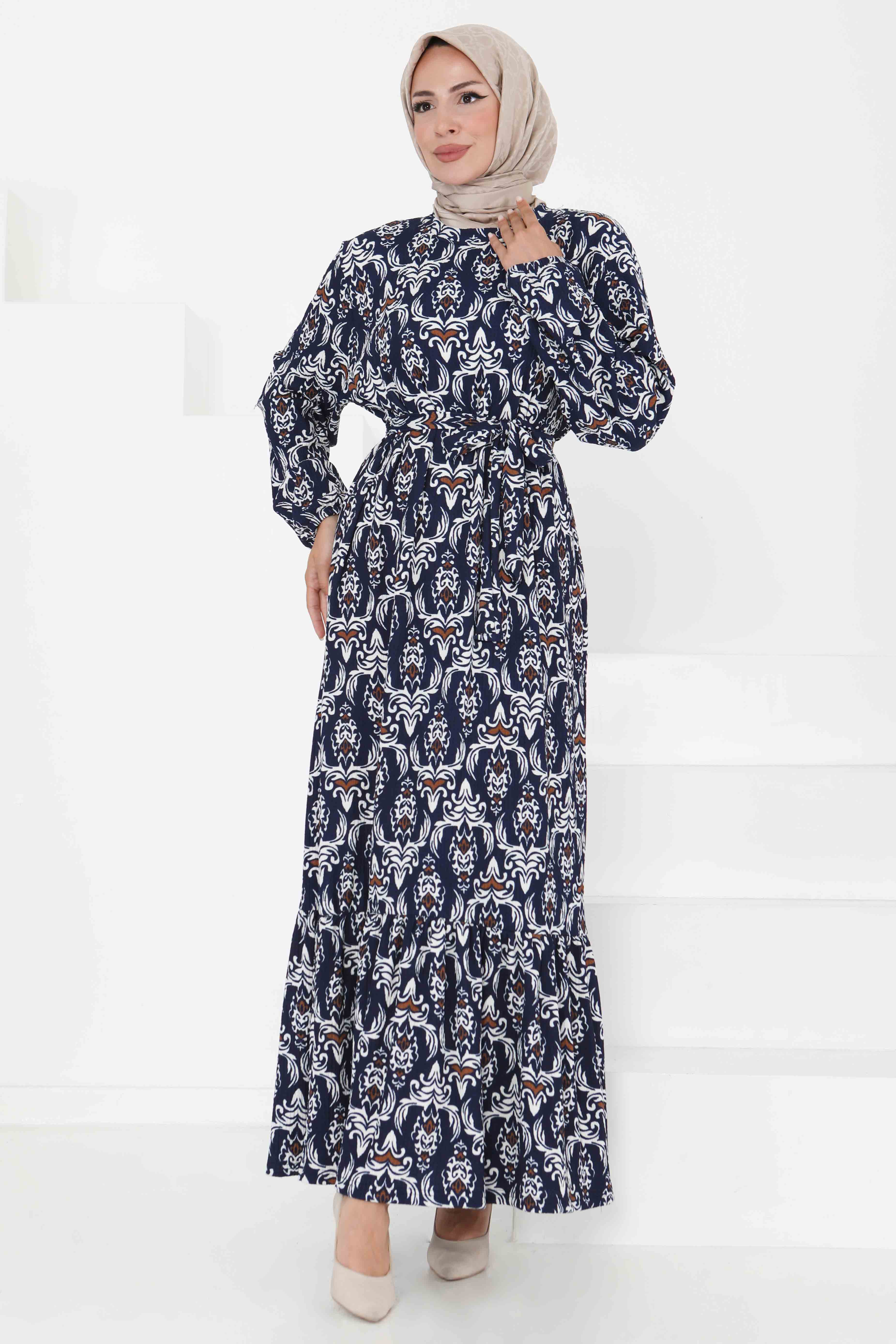 Desenli Kuşaklı Elbise - 27365 - 4