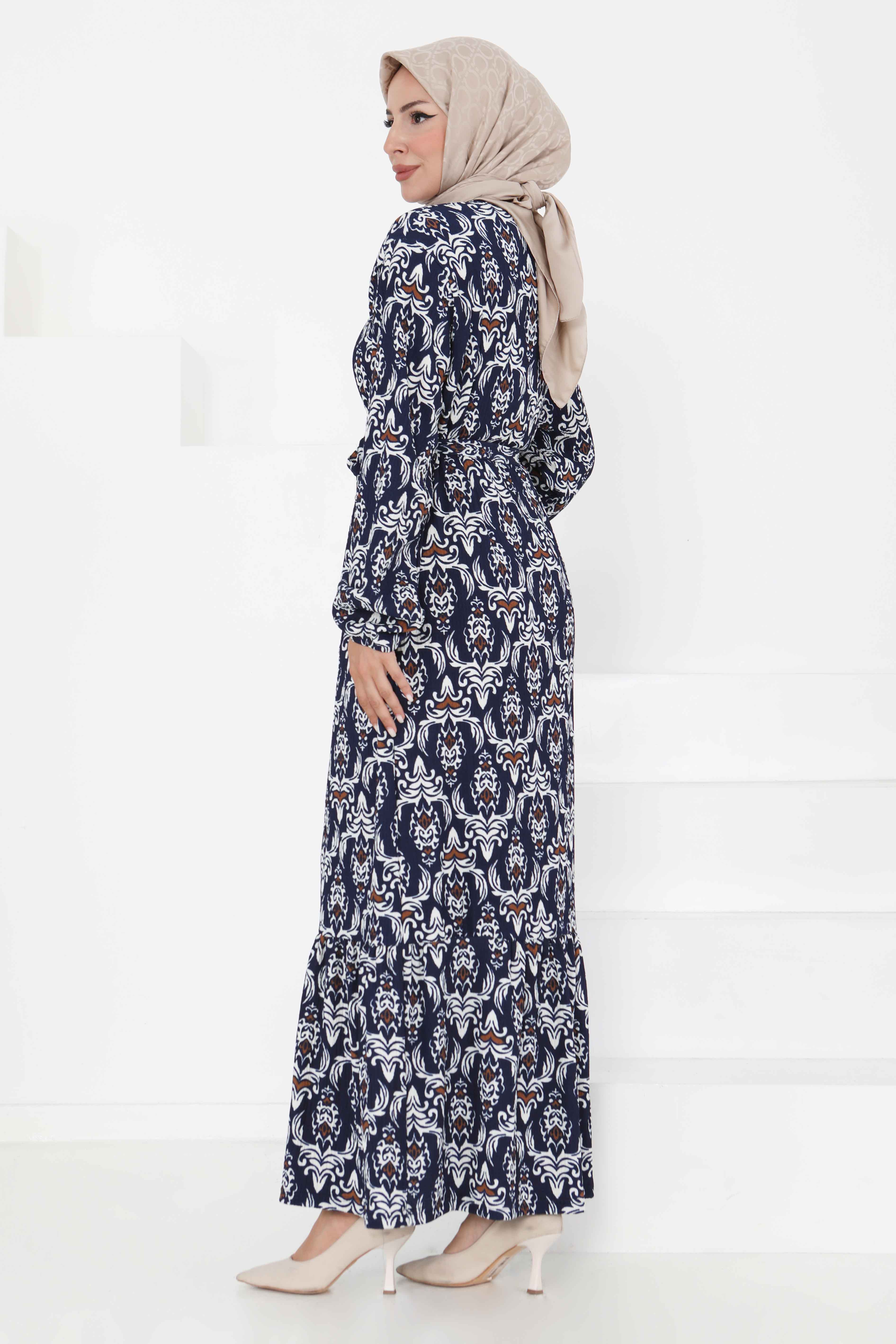 Desenli Kuşaklı Elbise - 27365 - 5