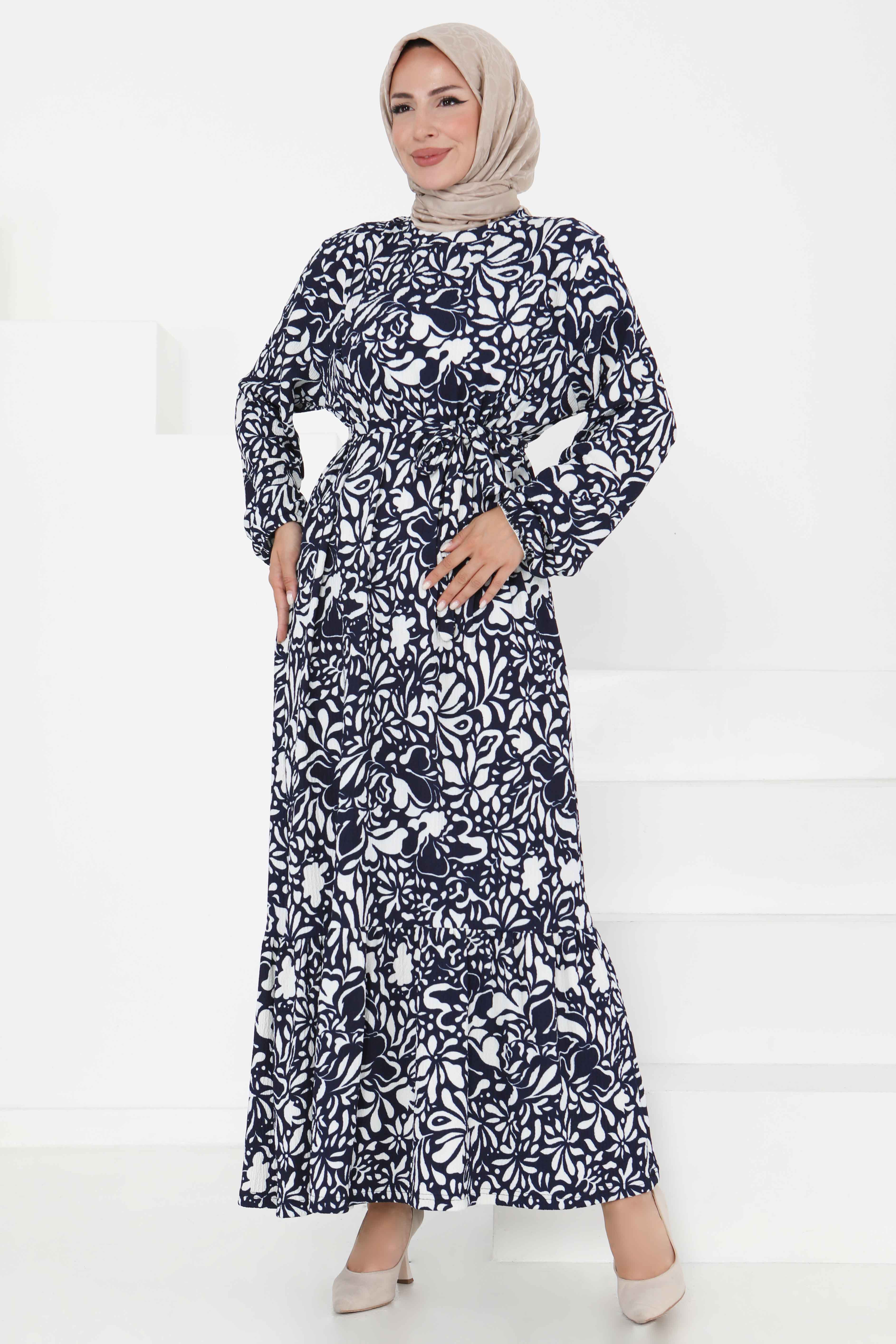 Desenli Kuşaklı Elbise - 27365 - 2