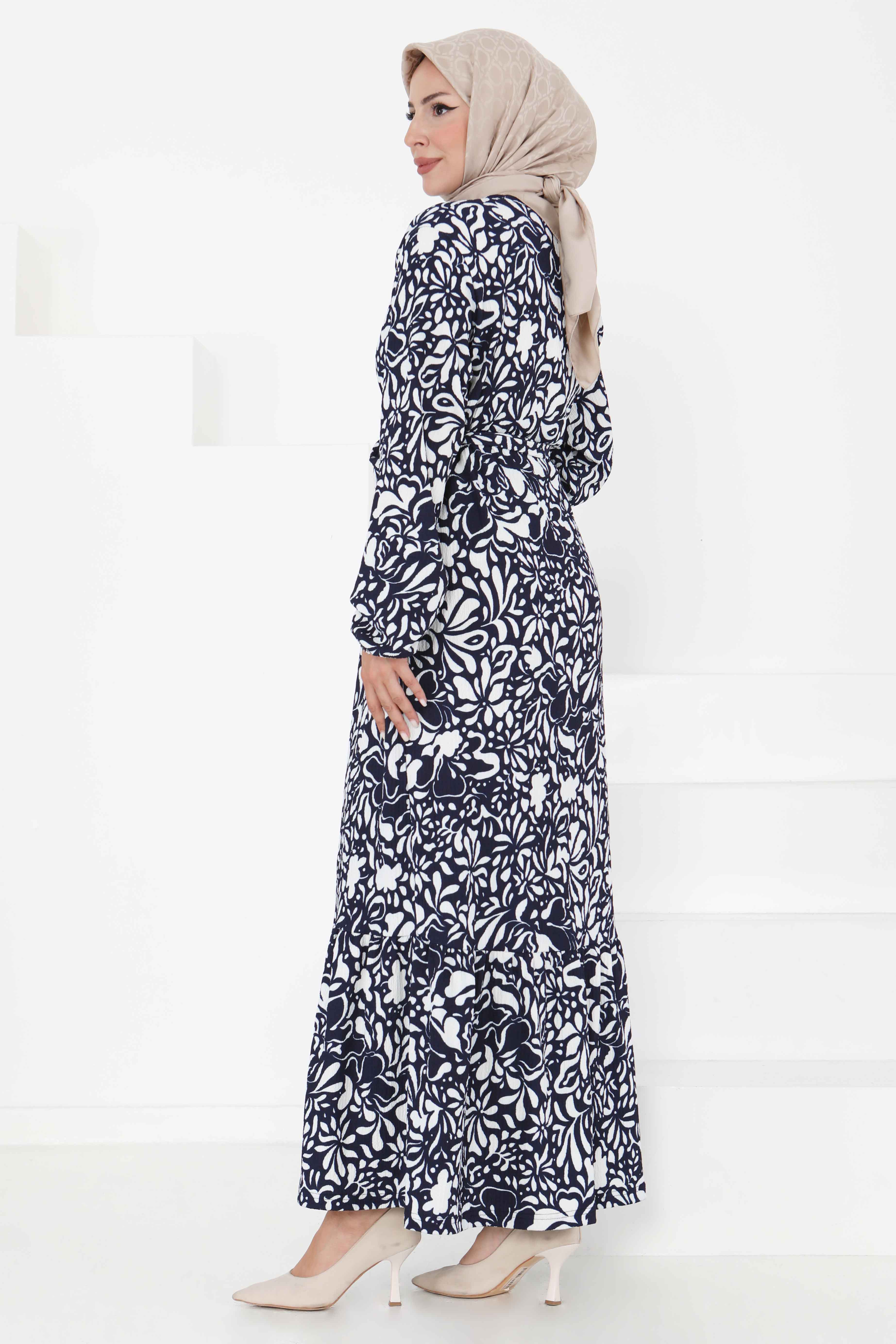 Desenli Kuşaklı Elbise - 27365 - 4