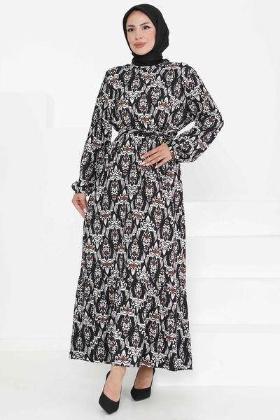 Desenli Kuşaklı Elbise - 27365 