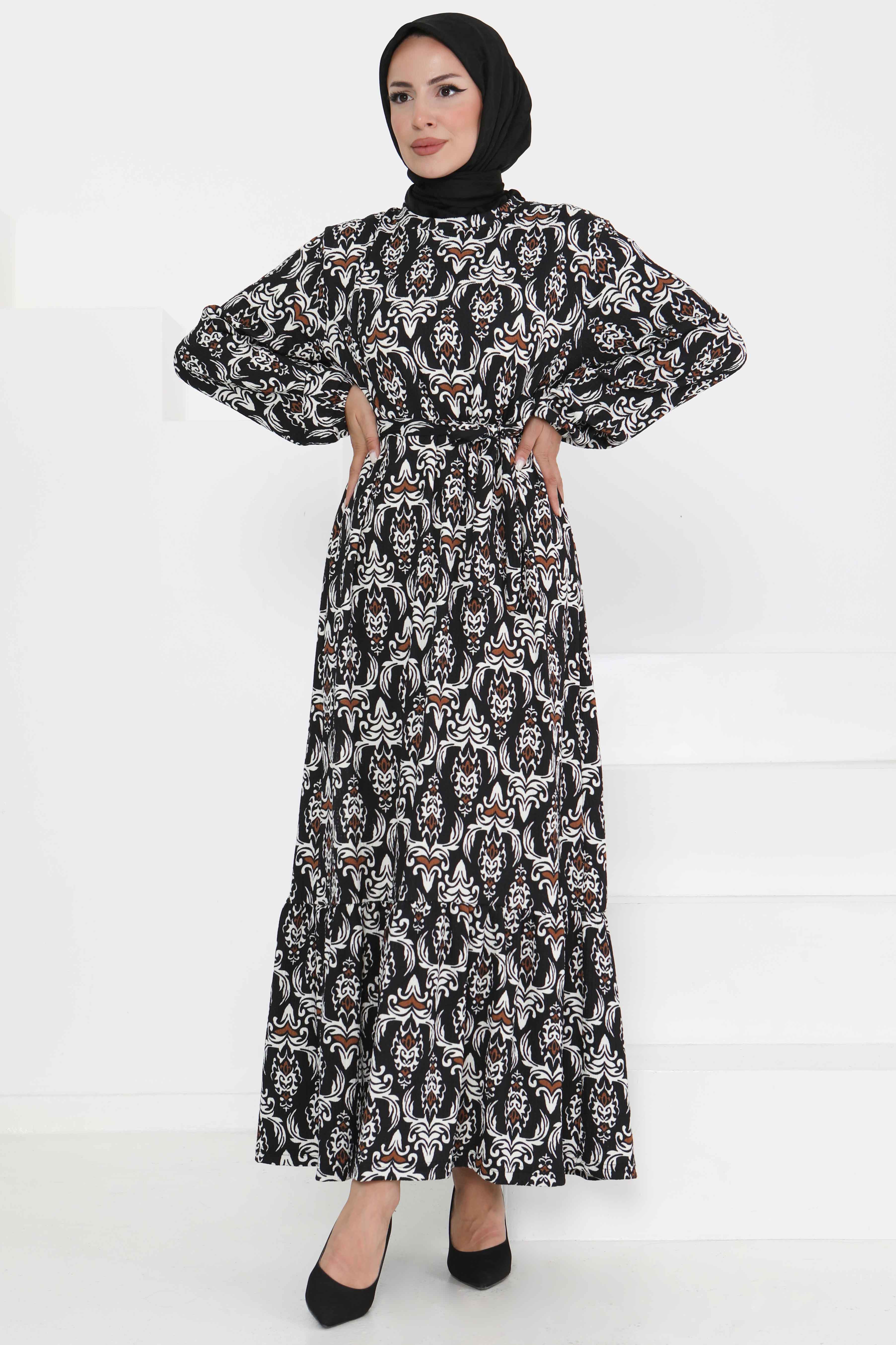 Desenli Kuşaklı Elbise - 27365 - 3