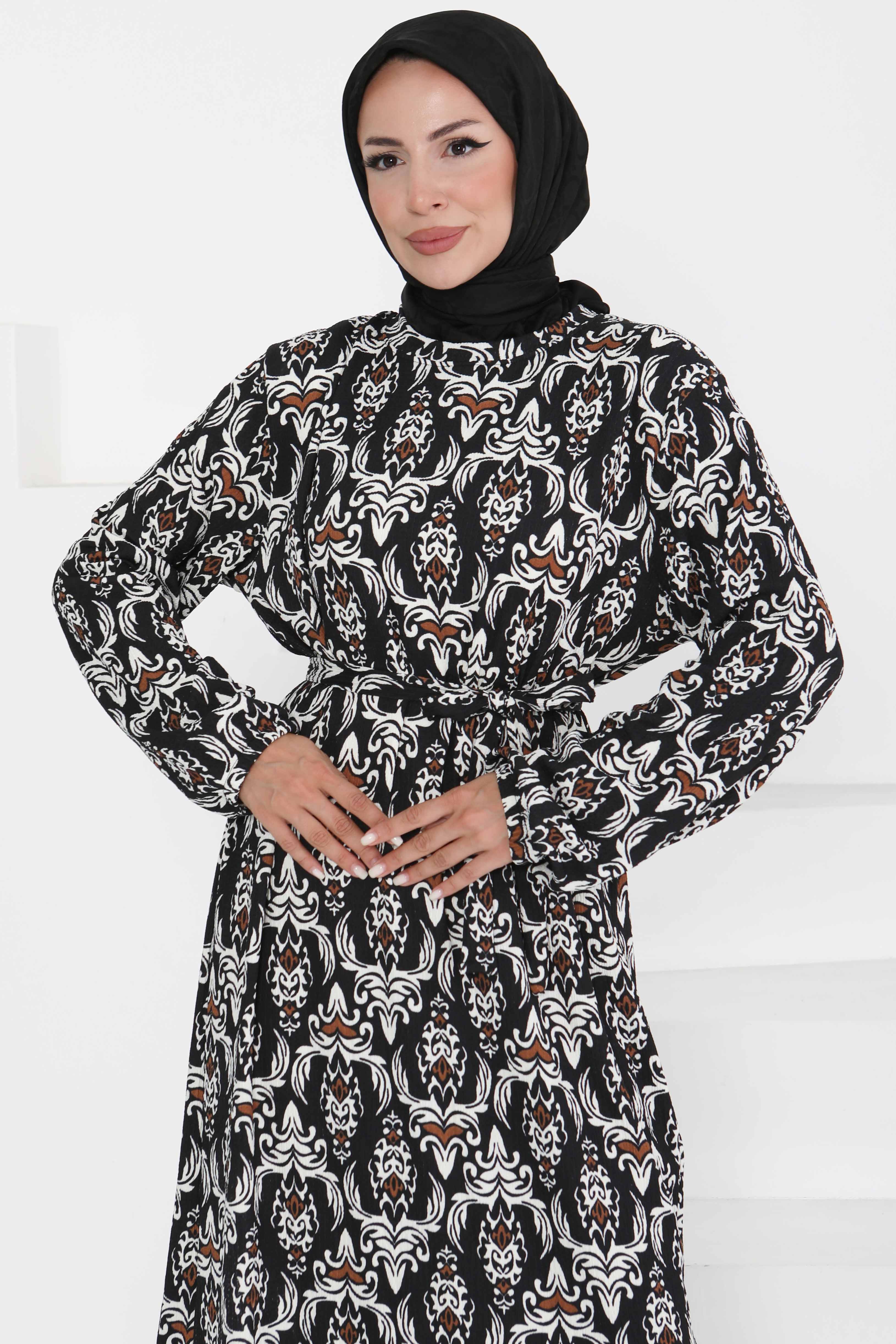 Desenli Kuşaklı Elbise - 27365 - 4