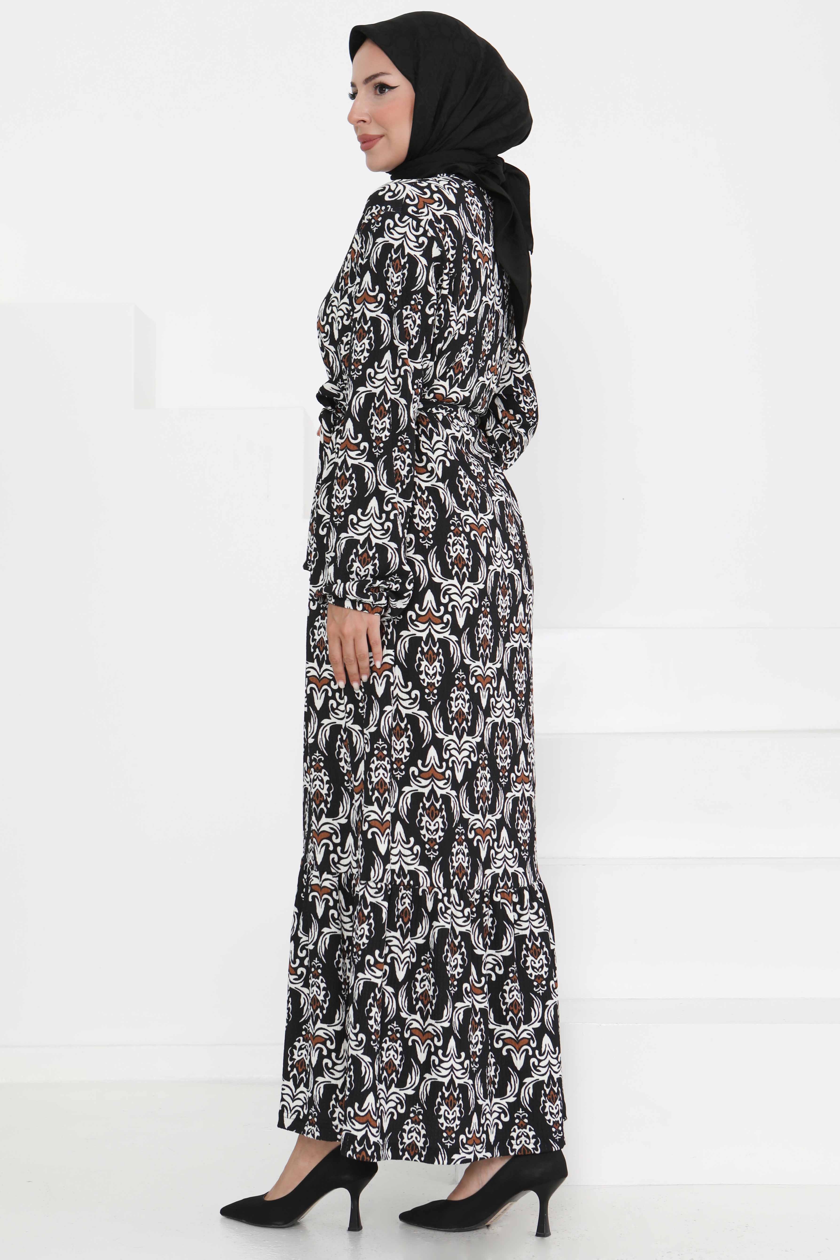 Desenli Kuşaklı Elbise - 27365 - 5