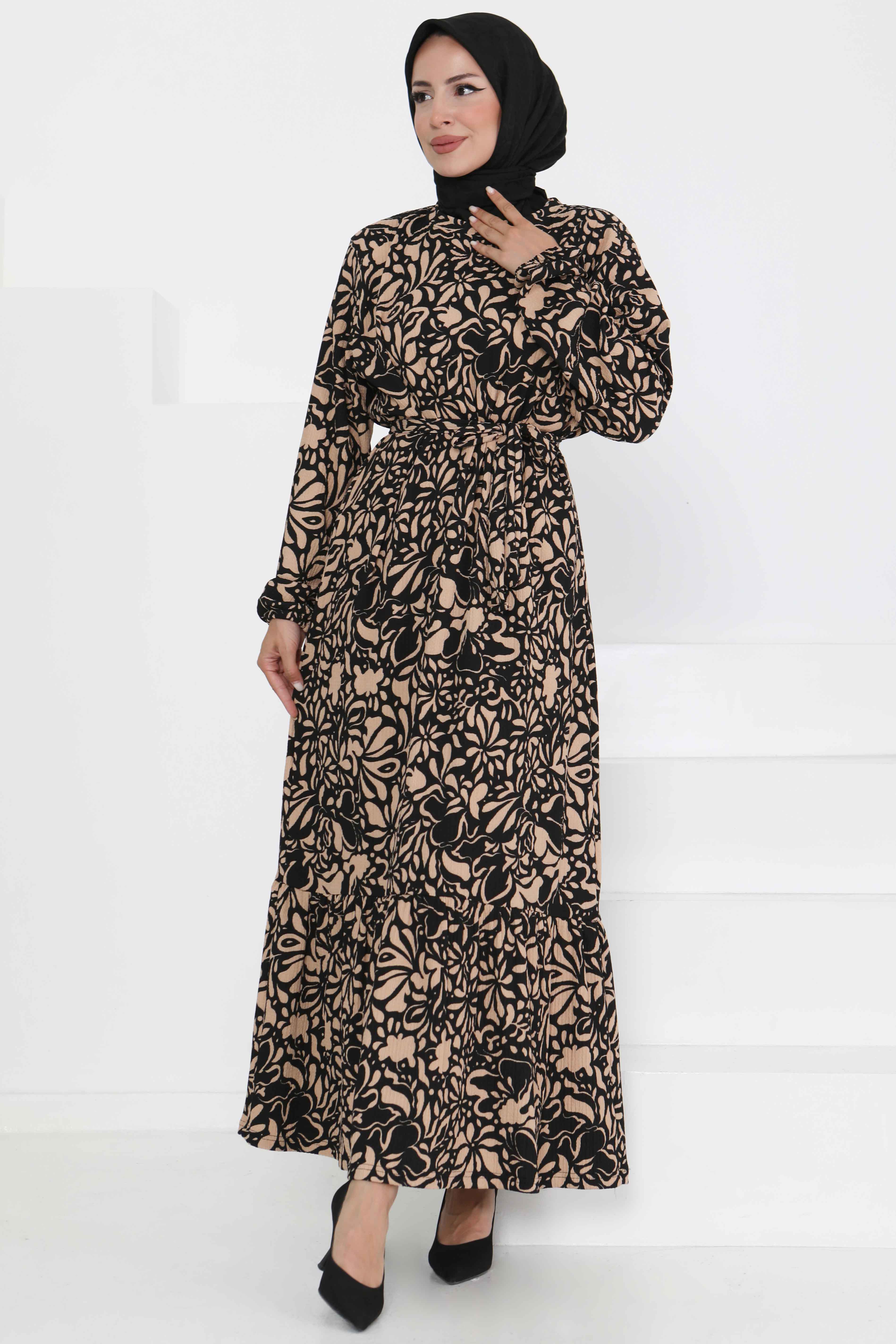 Desenli Kuşaklı Elbise - 27366 - 1