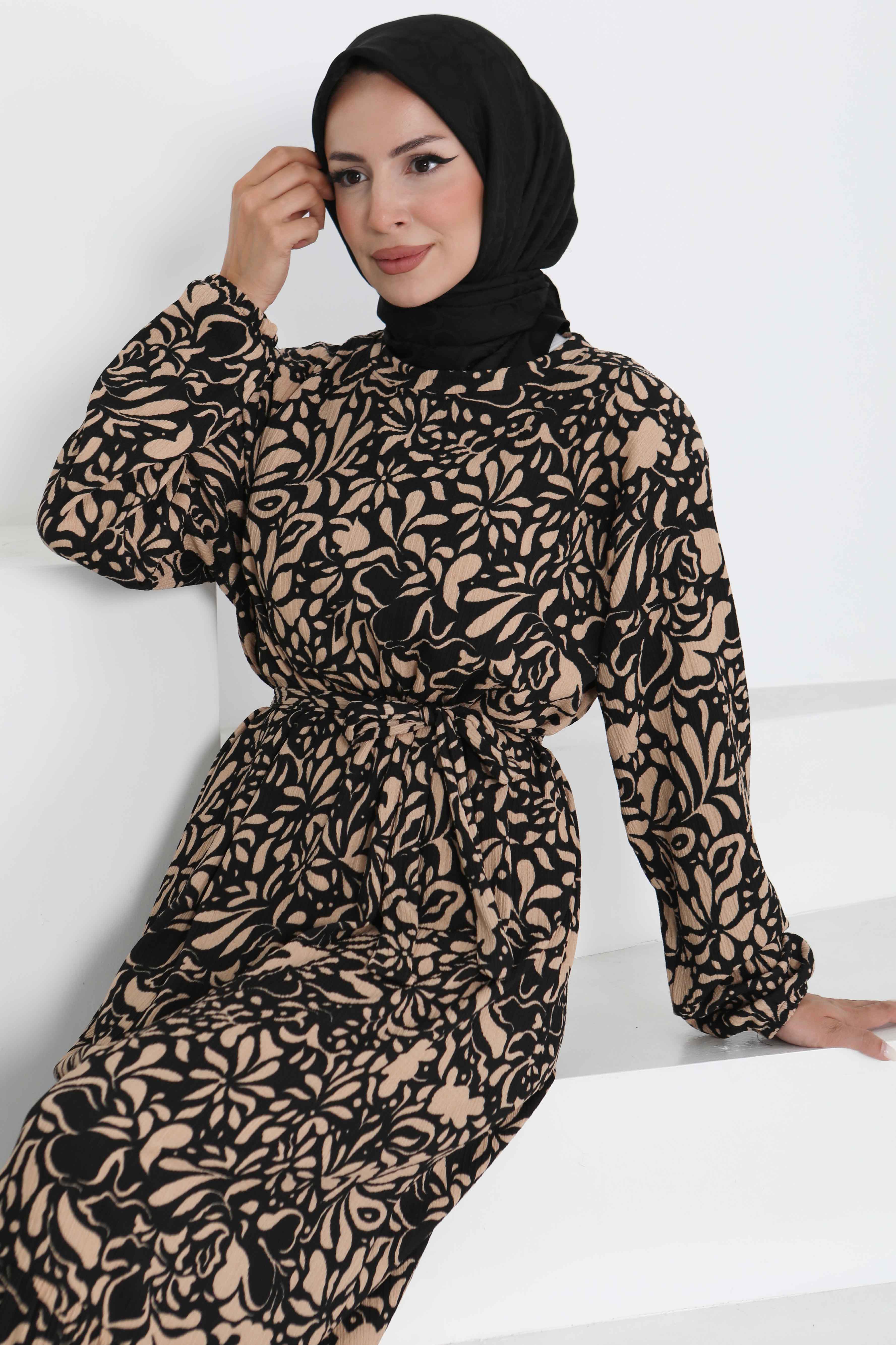 Desenli Kuşaklı Elbise - 27366 - 2