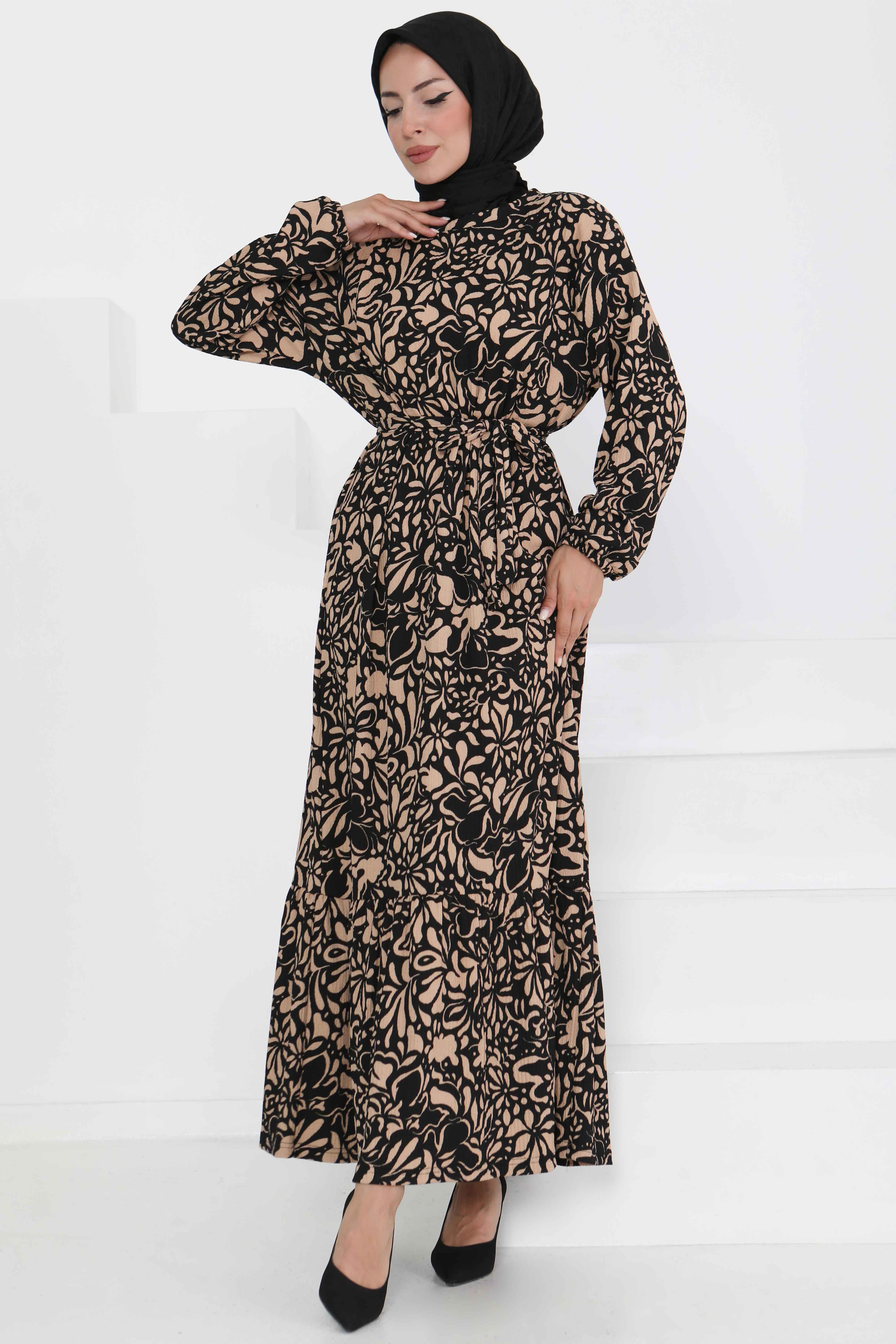 Desenli Kuşaklı Elbise - 27366 - 3