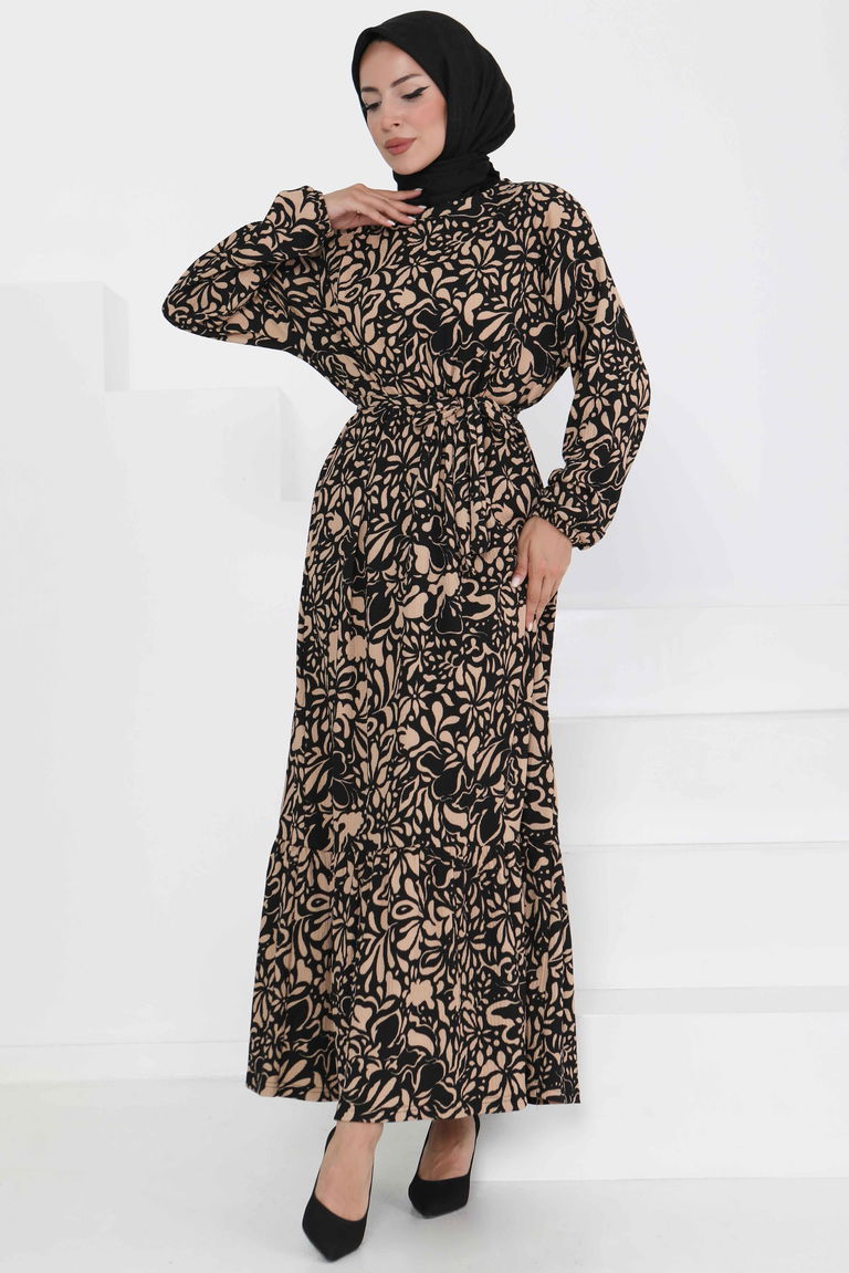 Desenli Kuşaklı Elbise - 27366 - TOFİSA