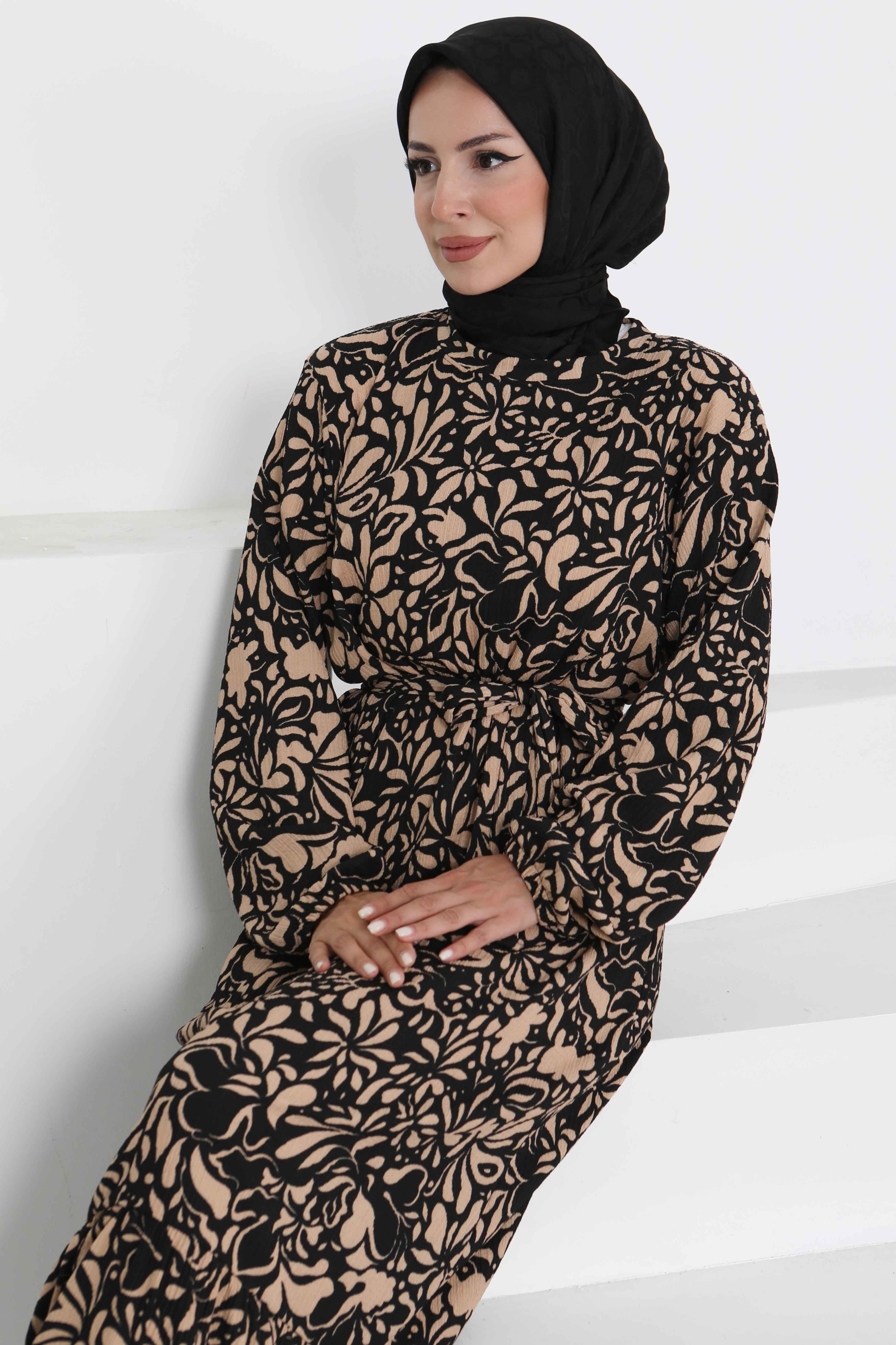 Desenli Kuşaklı Elbise - 27366 - 4