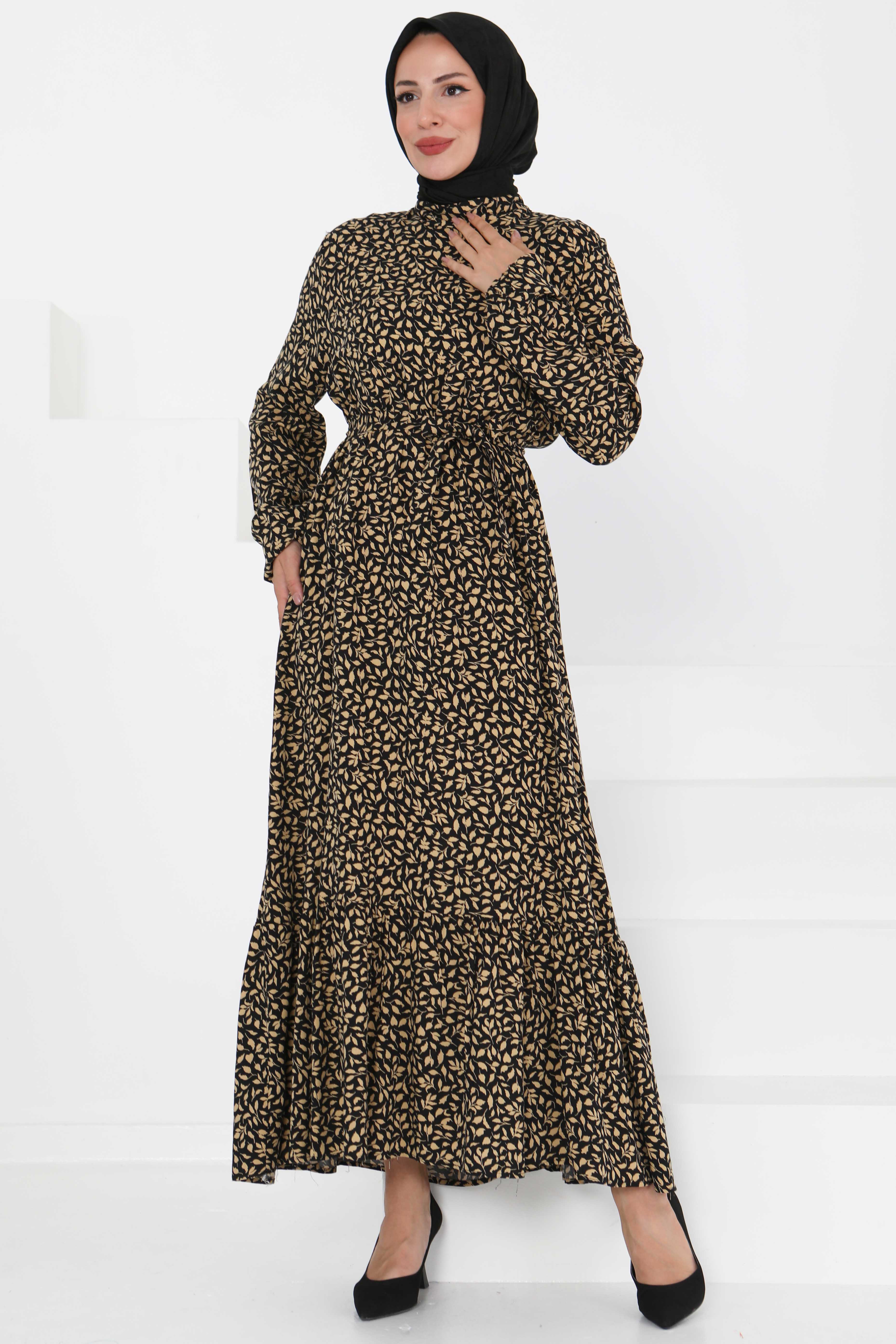 Desenli Kuşaklı Elbise - 27426 - 1