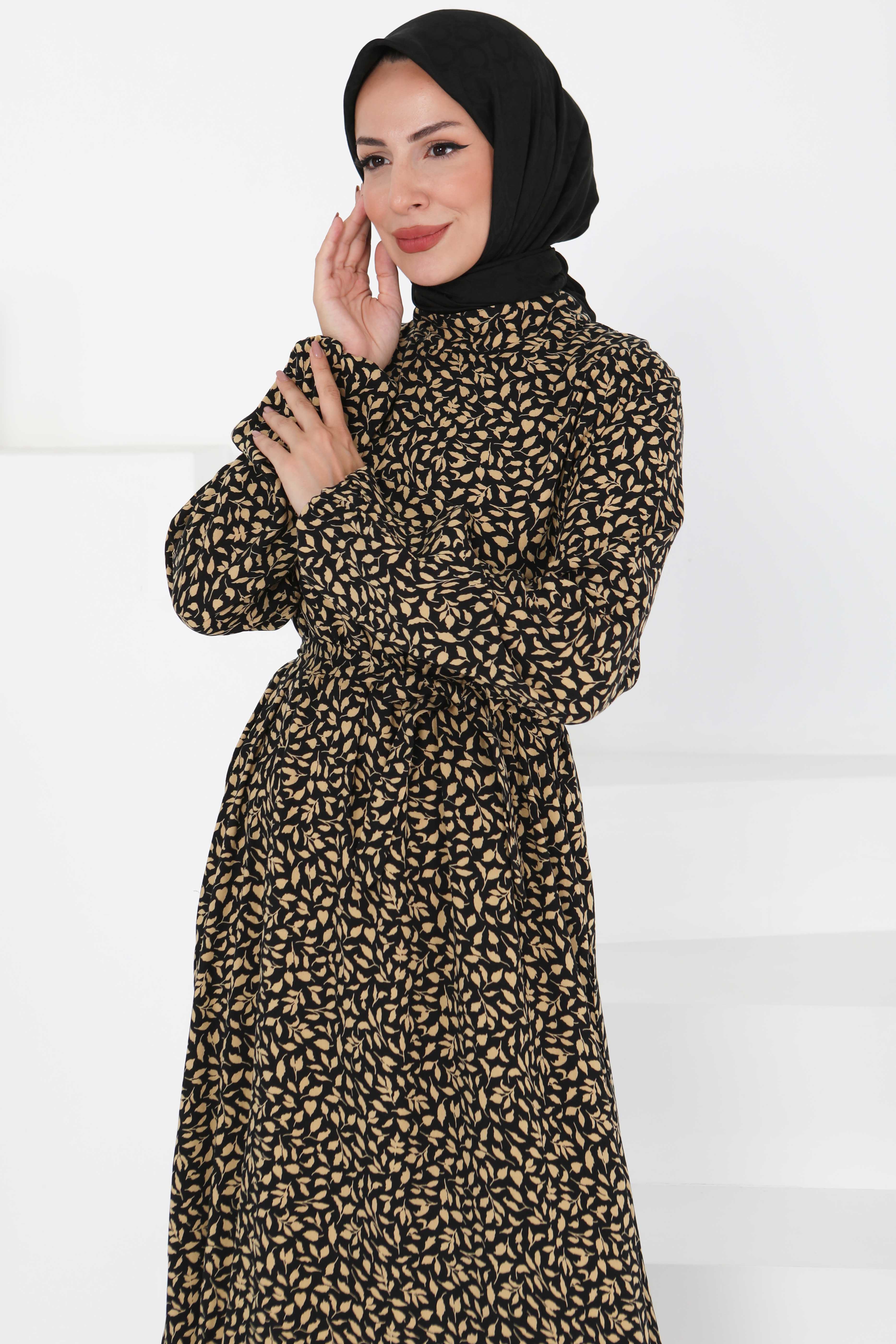 Desenli Kuşaklı Elbise - 27426 - 4