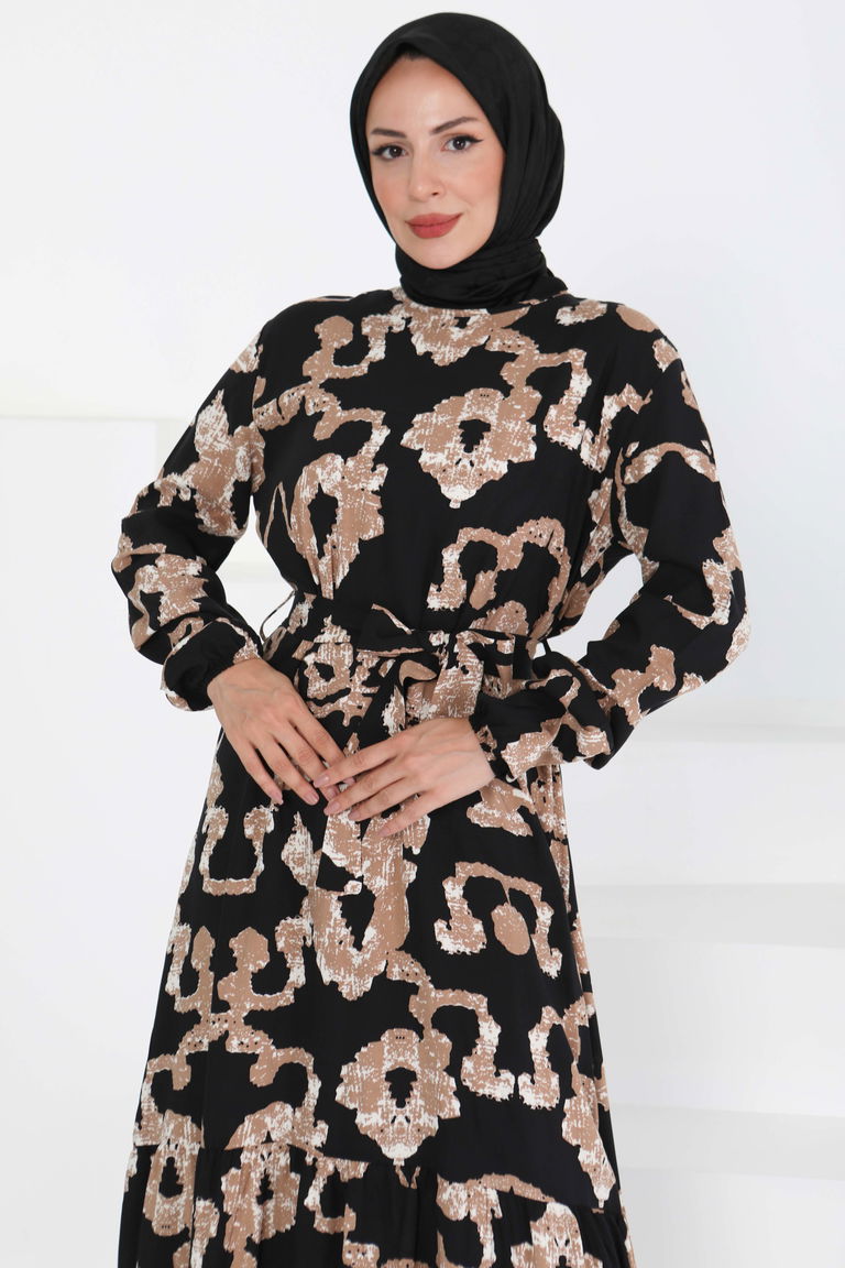 Desenli Kuşaklı Elbise - 27429 - TOFİSA