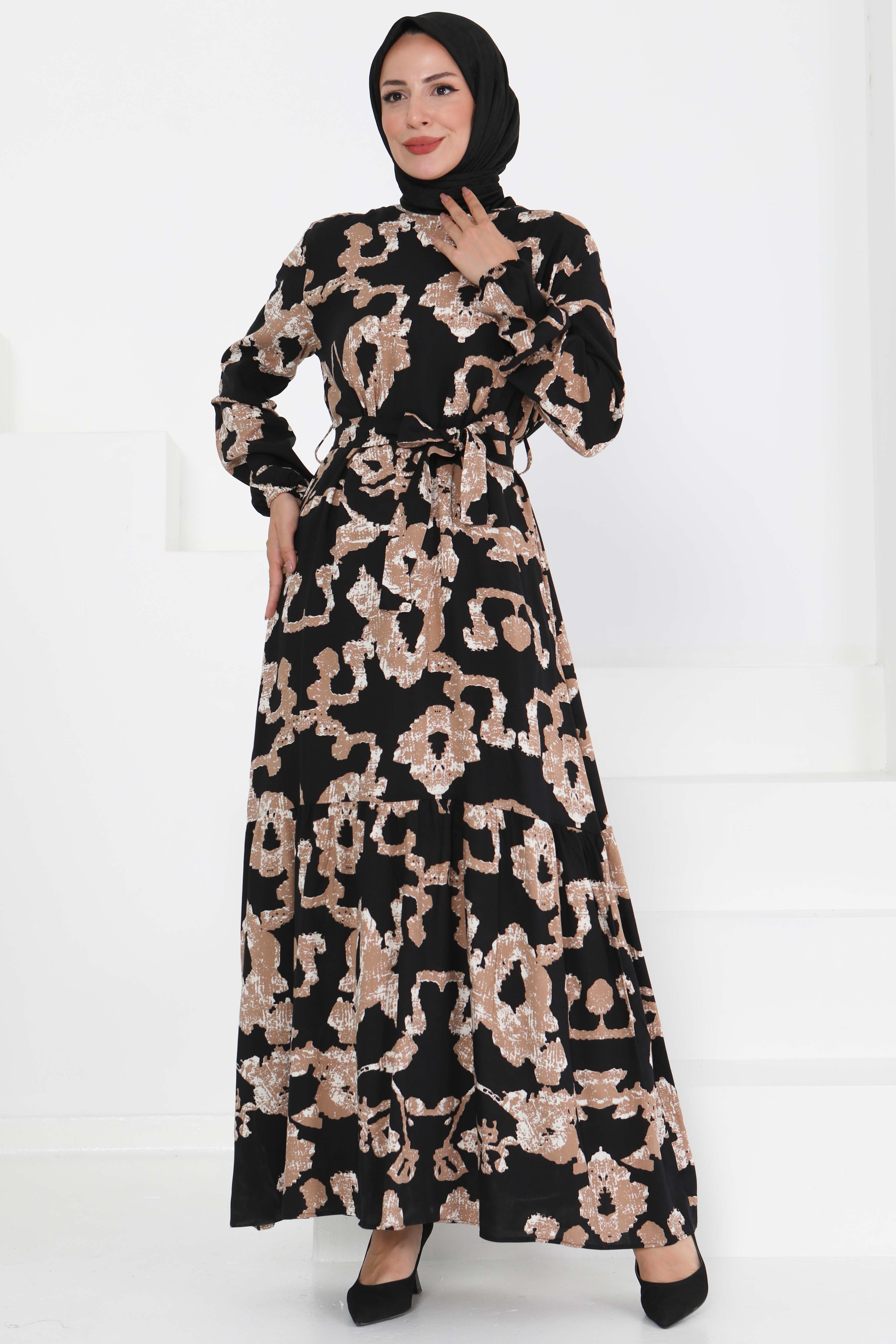 Desenli Kuşaklı Elbise - 27429 - 2