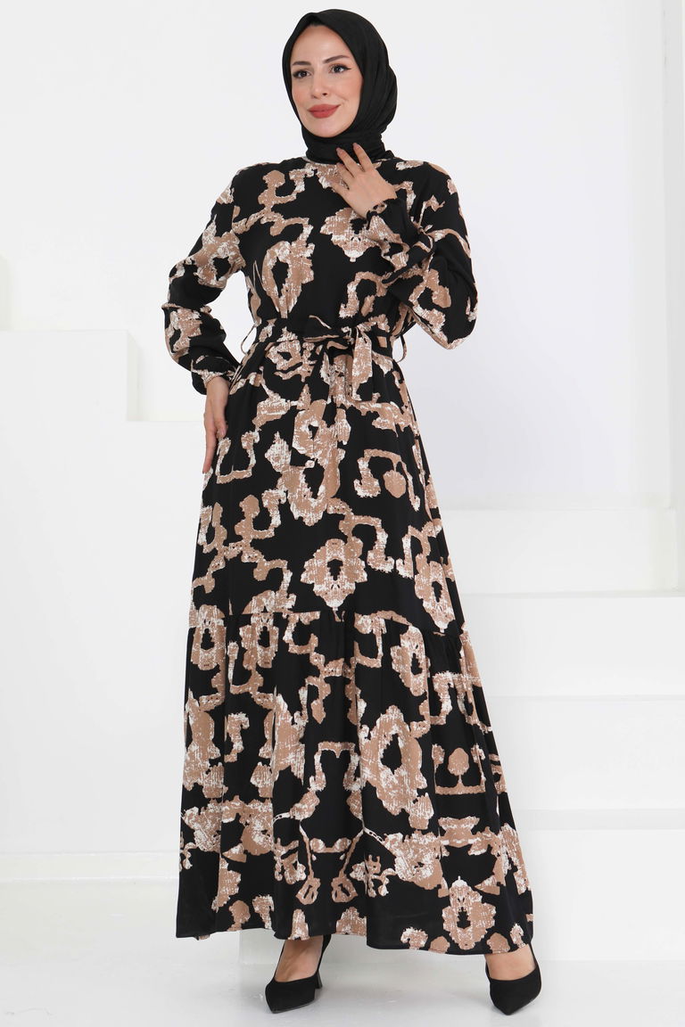 Desenli Kuşaklı Elbise - 27429 - TOFİSA