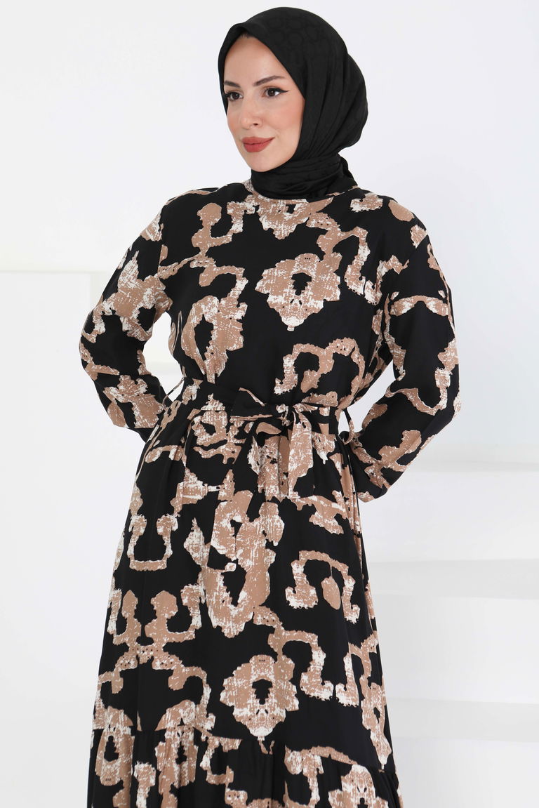 Desenli Kuşaklı Elbise - 27429 - TOFİSA