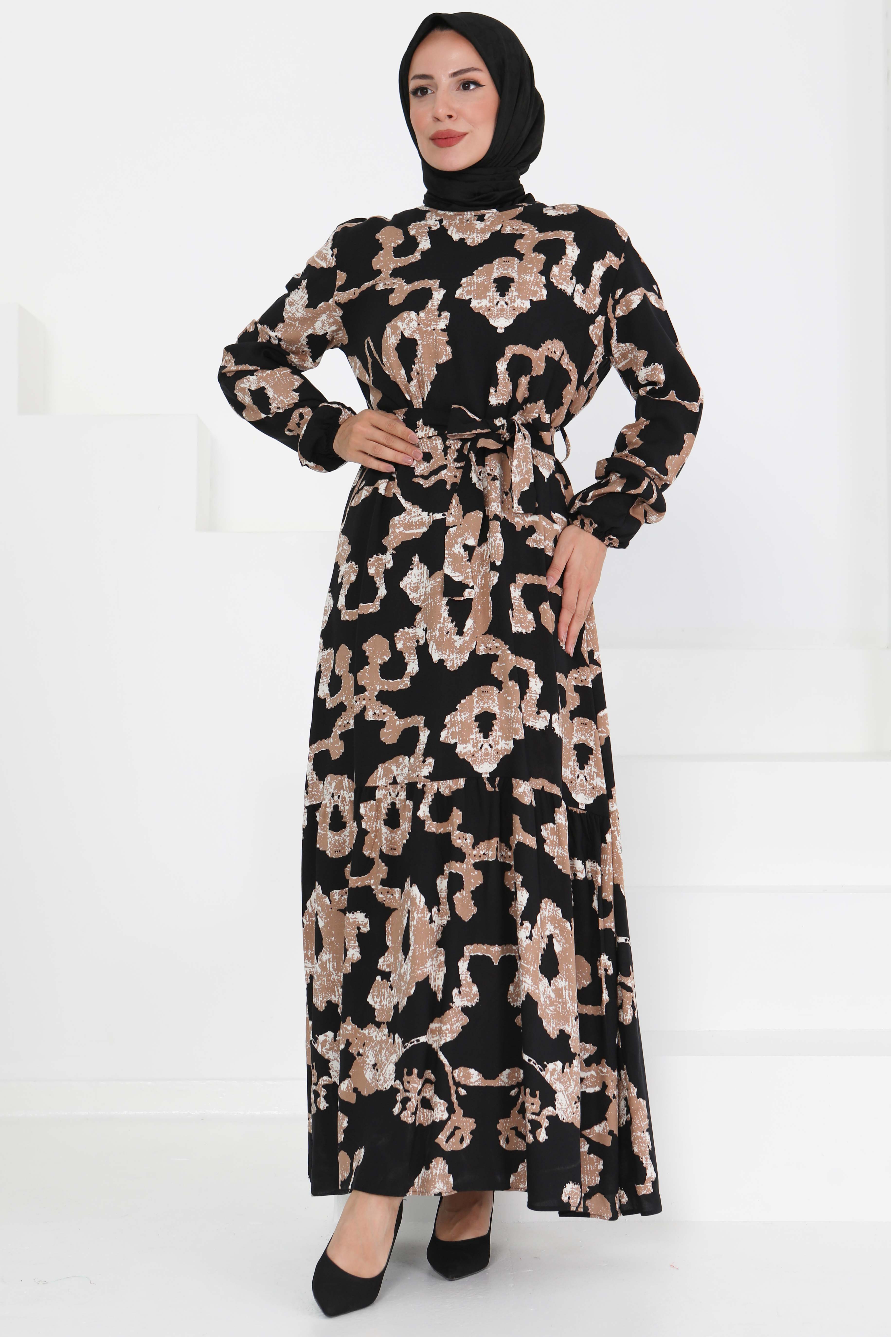 Desenli Kuşaklı Elbise - 27429 - 4