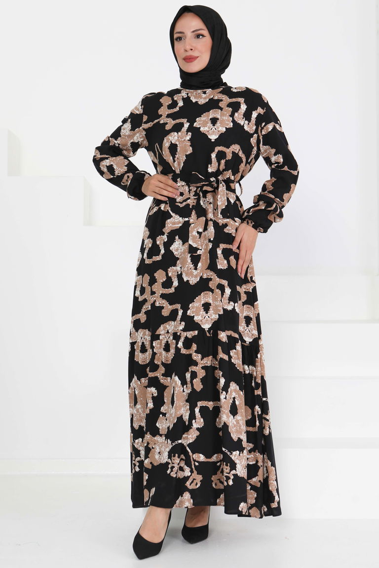 Desenli Kuşaklı Elbise - 27429 - TOFİSA