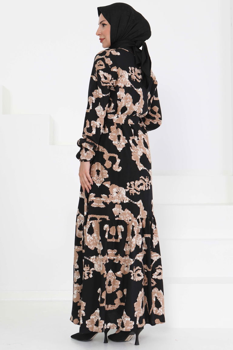 Desenli Kuşaklı Elbise - 27429 - TOFİSA