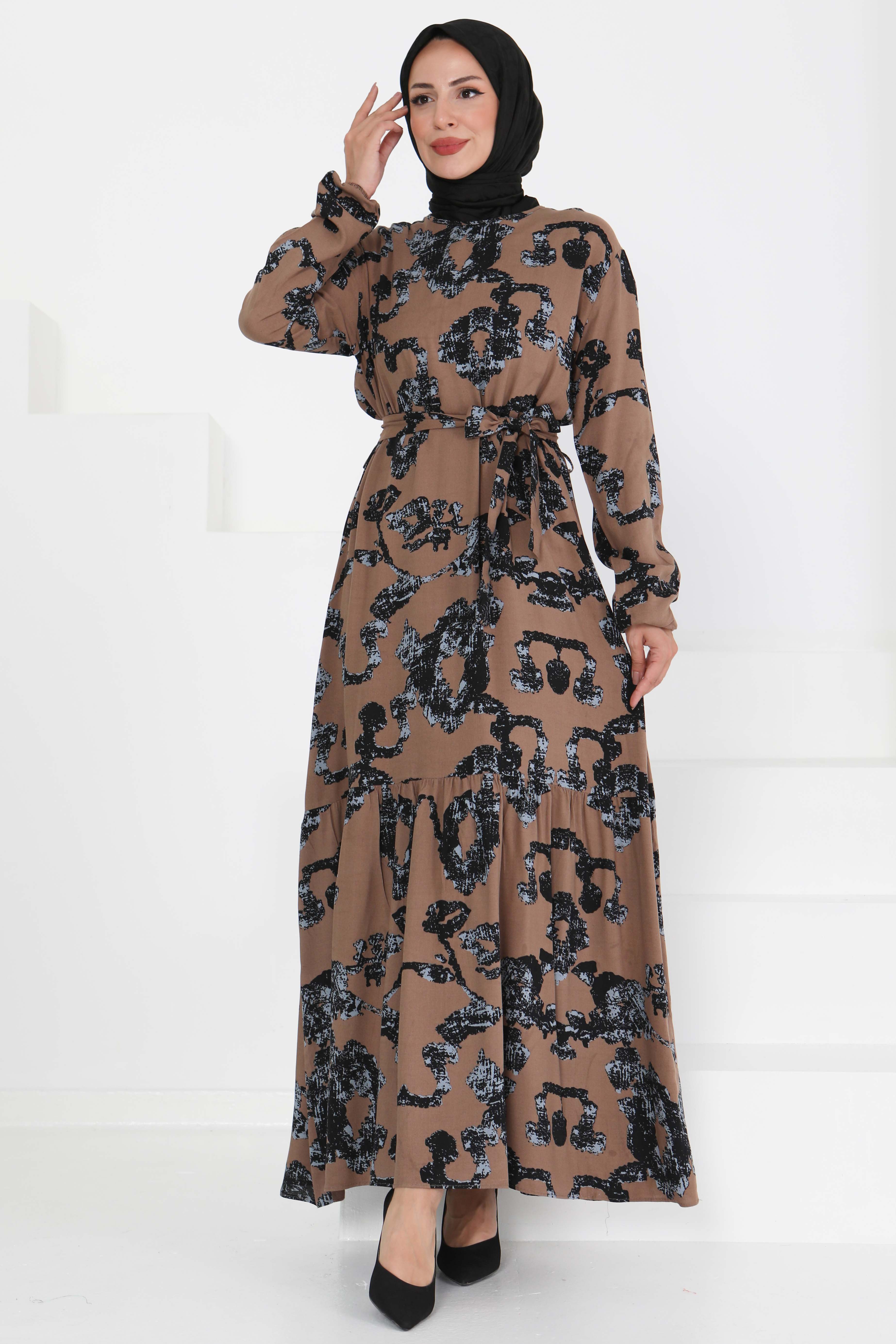 Desenli Kuşaklı Elbise - 27429 - 1