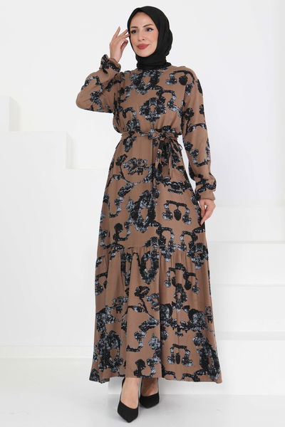 Desenli Kuşaklı Elbise - 27429 